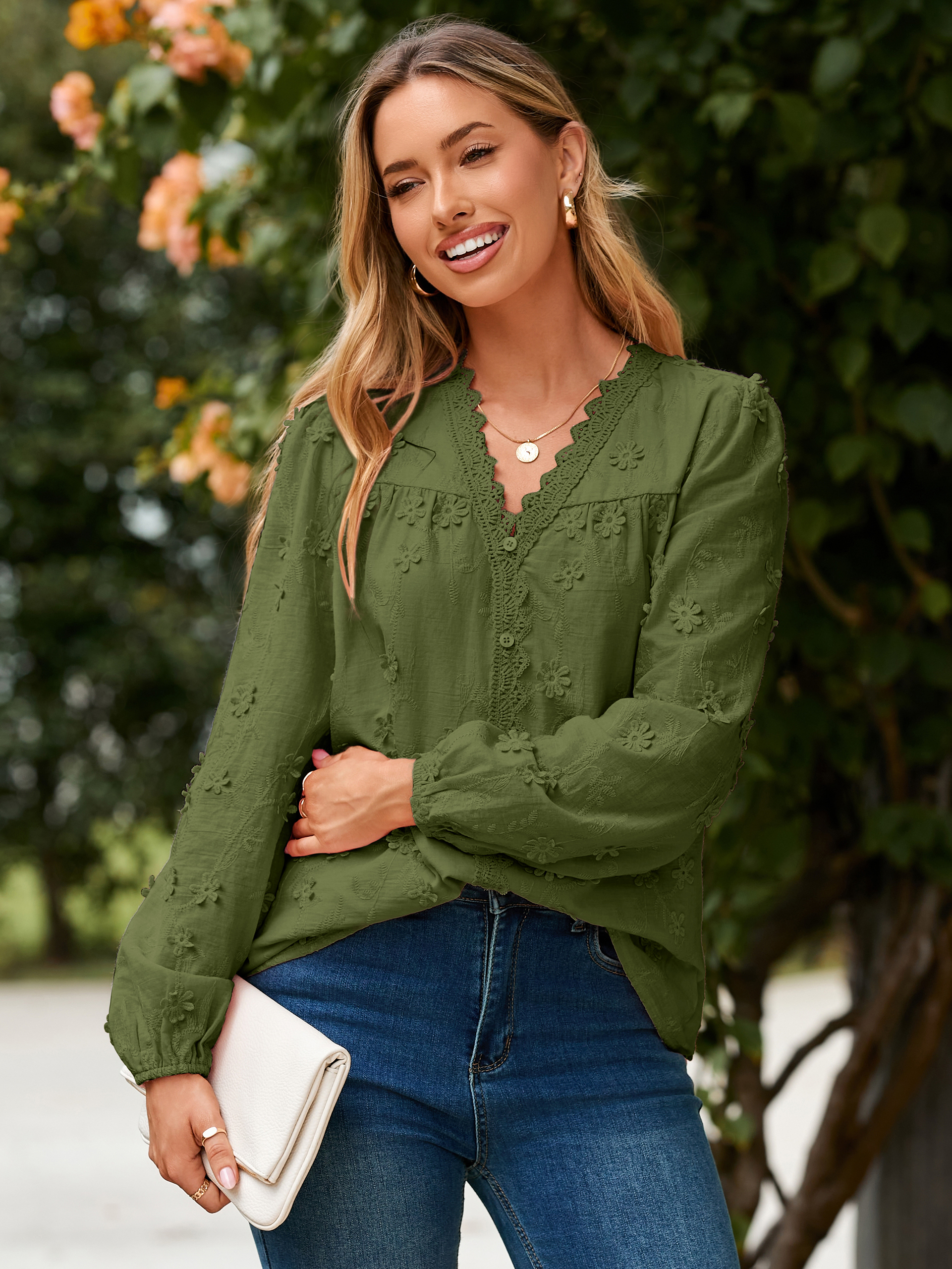 Floral Lace V Neck Embroidered Button Down Blouse