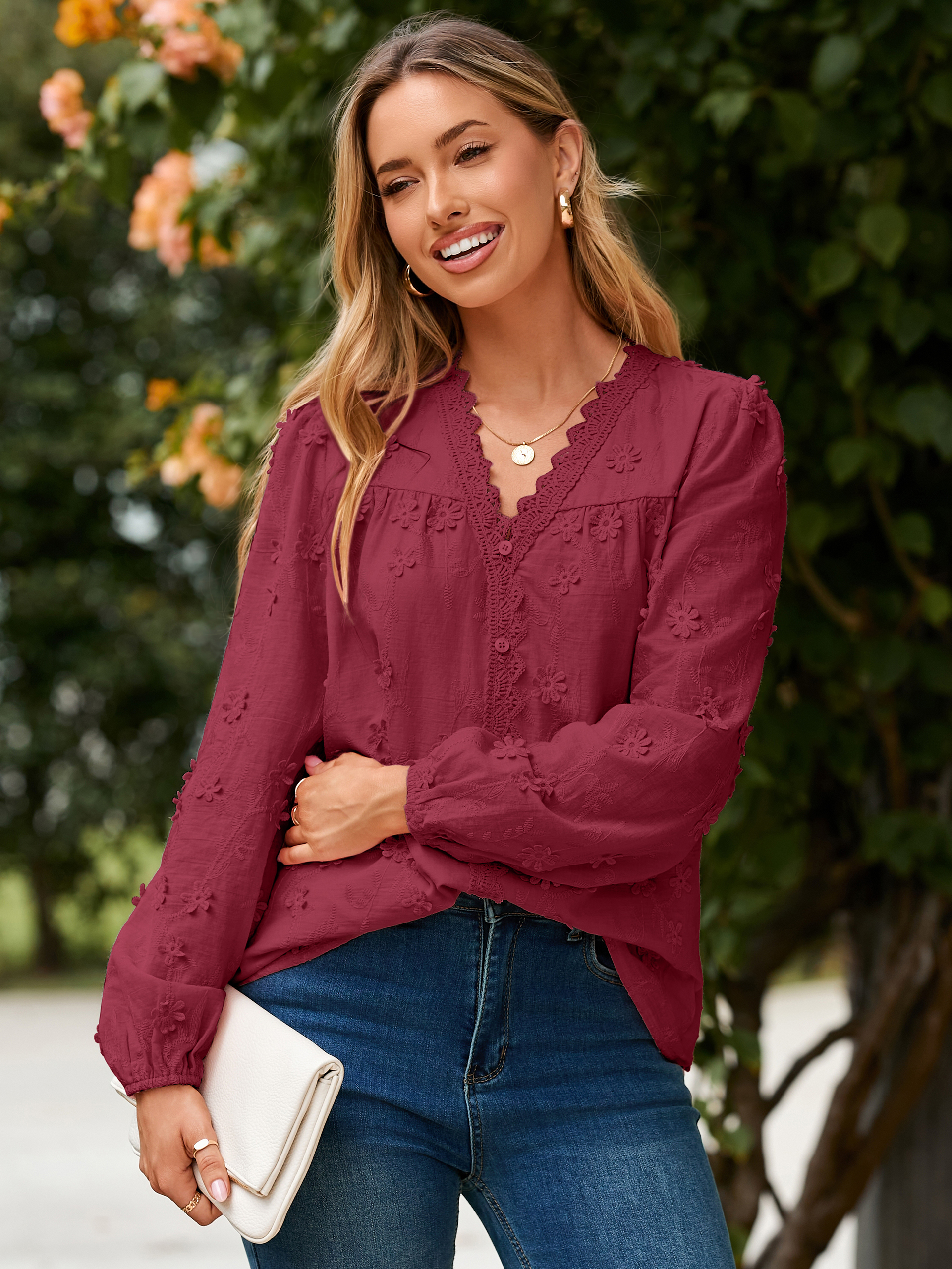 Floral Lace V Neck Embroidered Button Down Blouse