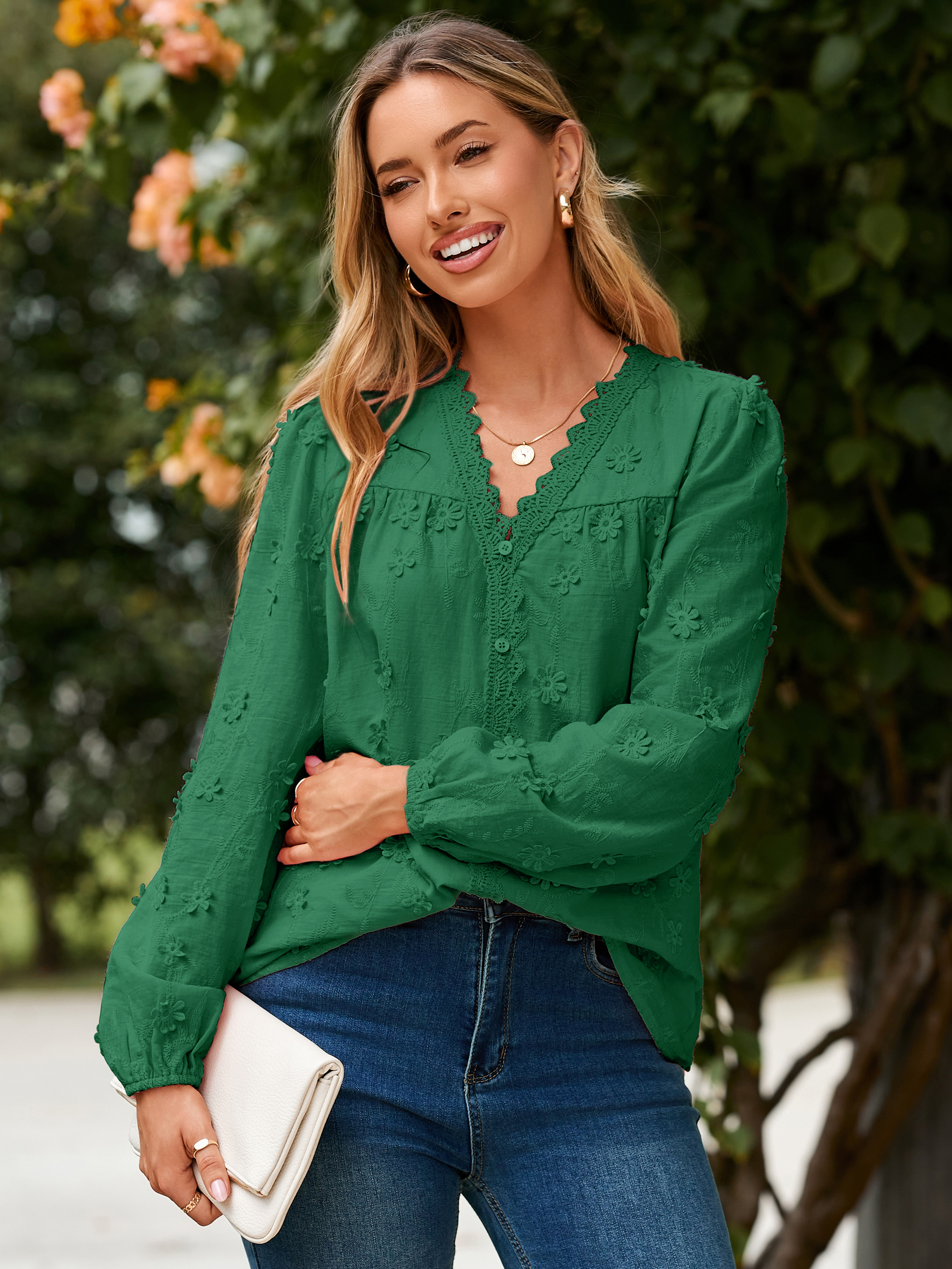 Floral Lace V Neck Embroidered Button Down Blouse
