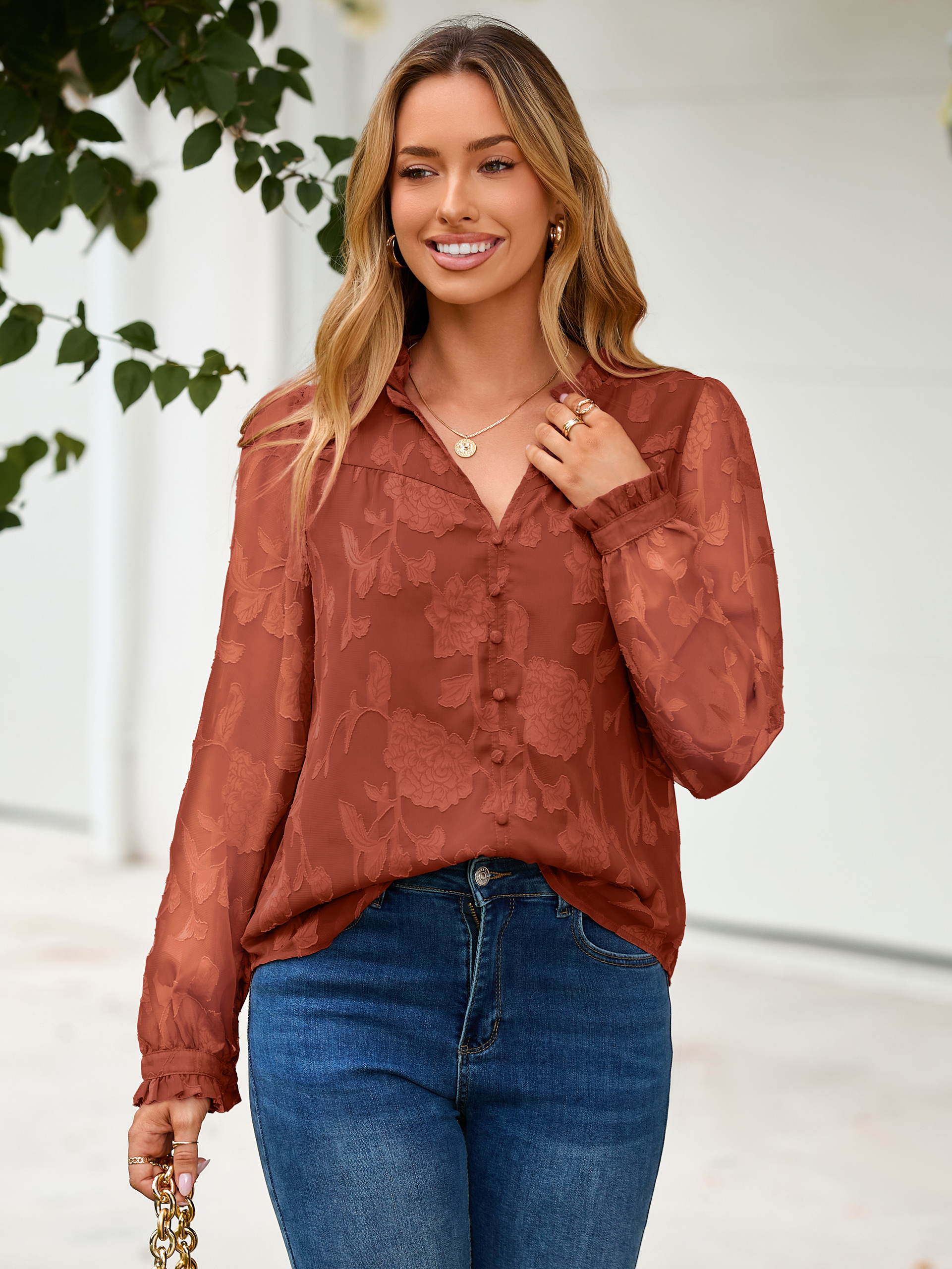 Chiffon Burnout V Neck Long Sleeve Blouse - Orange Red