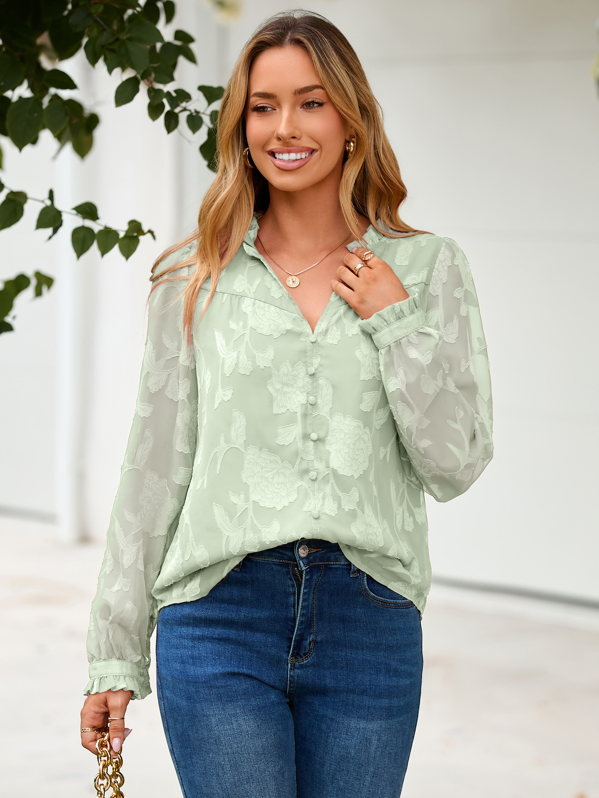 Chiffon Burnout V Neck Long Sleeve Blouse