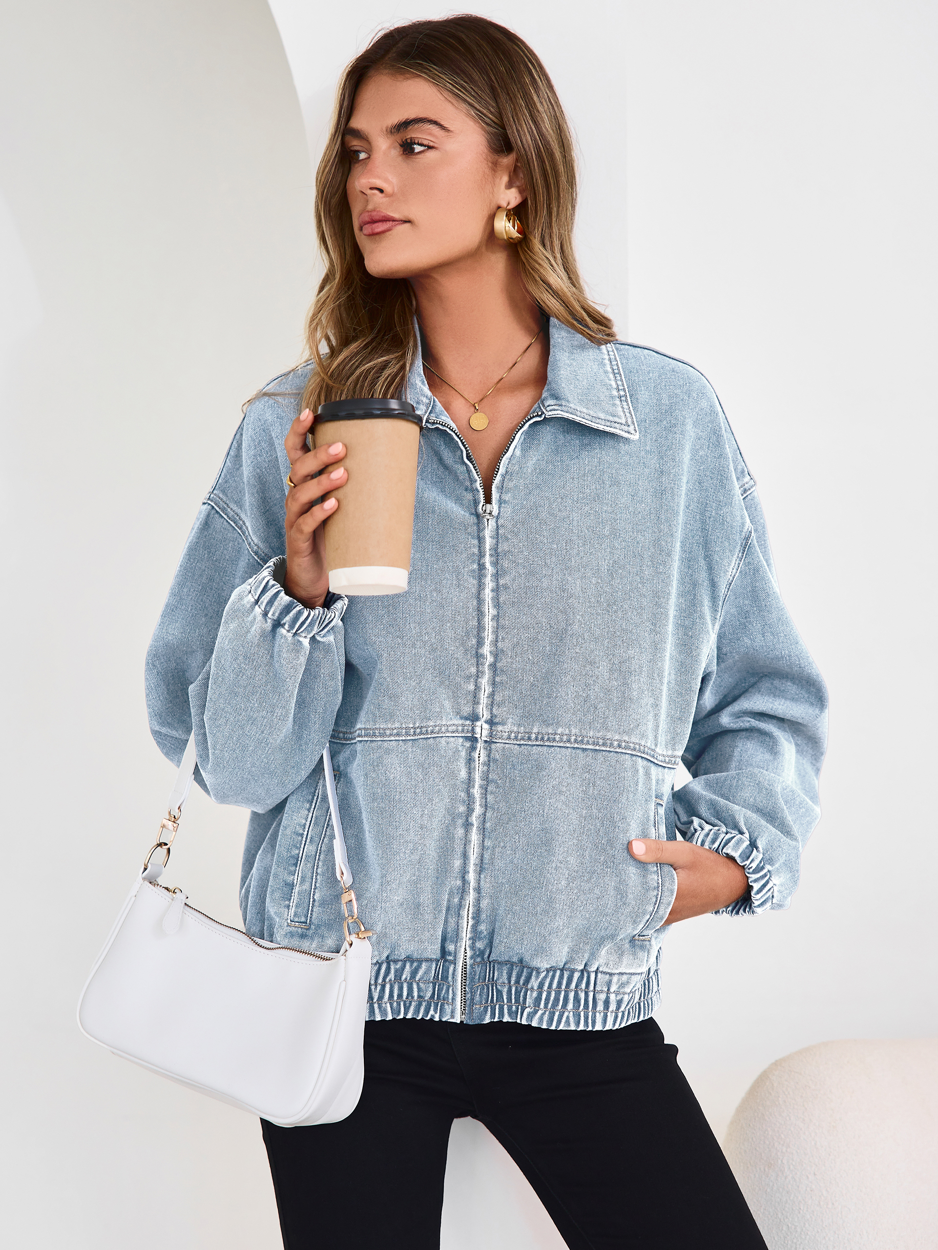 Classic Zip-Up Denim Bomber Jacket with Pockets