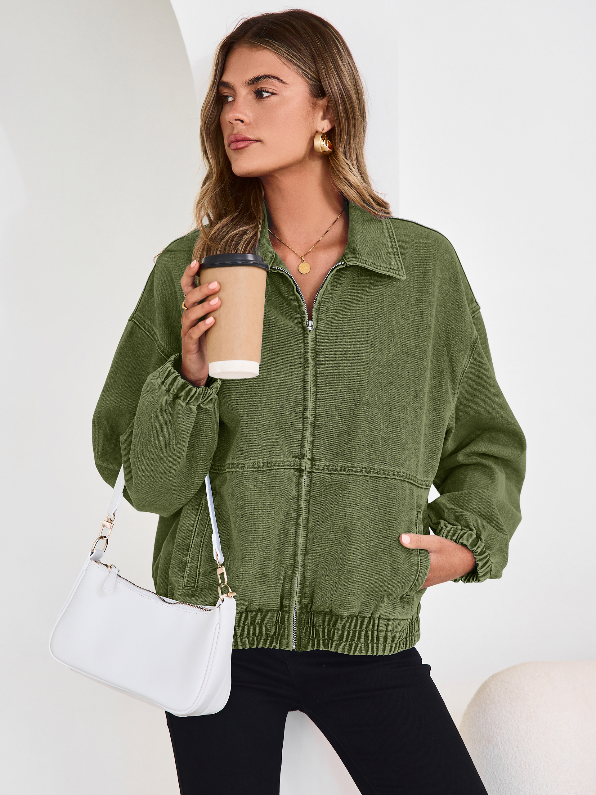 Classic Zip-Up Denim Bomber Jacket with Pockets