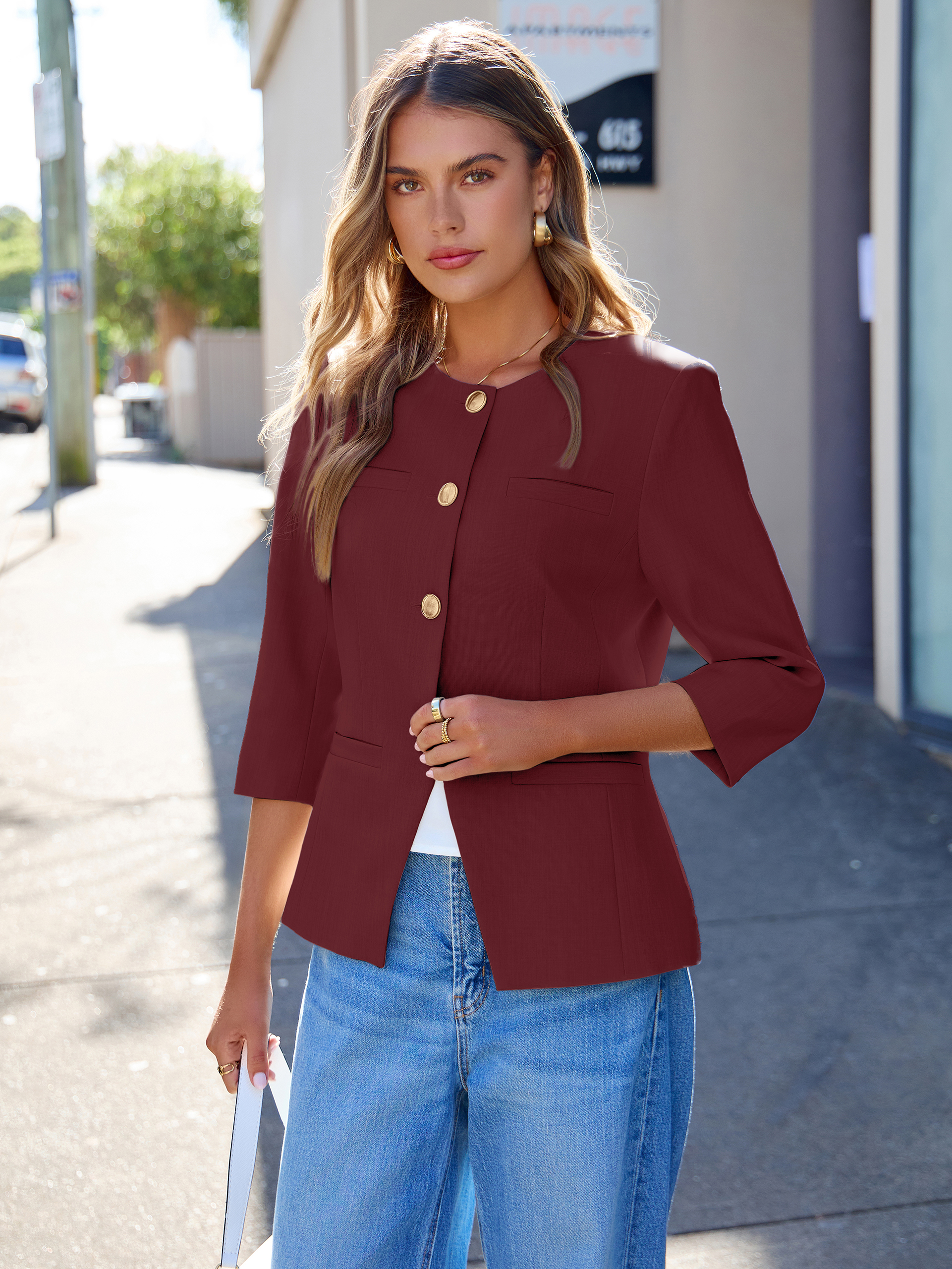 Round Neck Gold Button 3/4 Sleeve Peplum Blazer