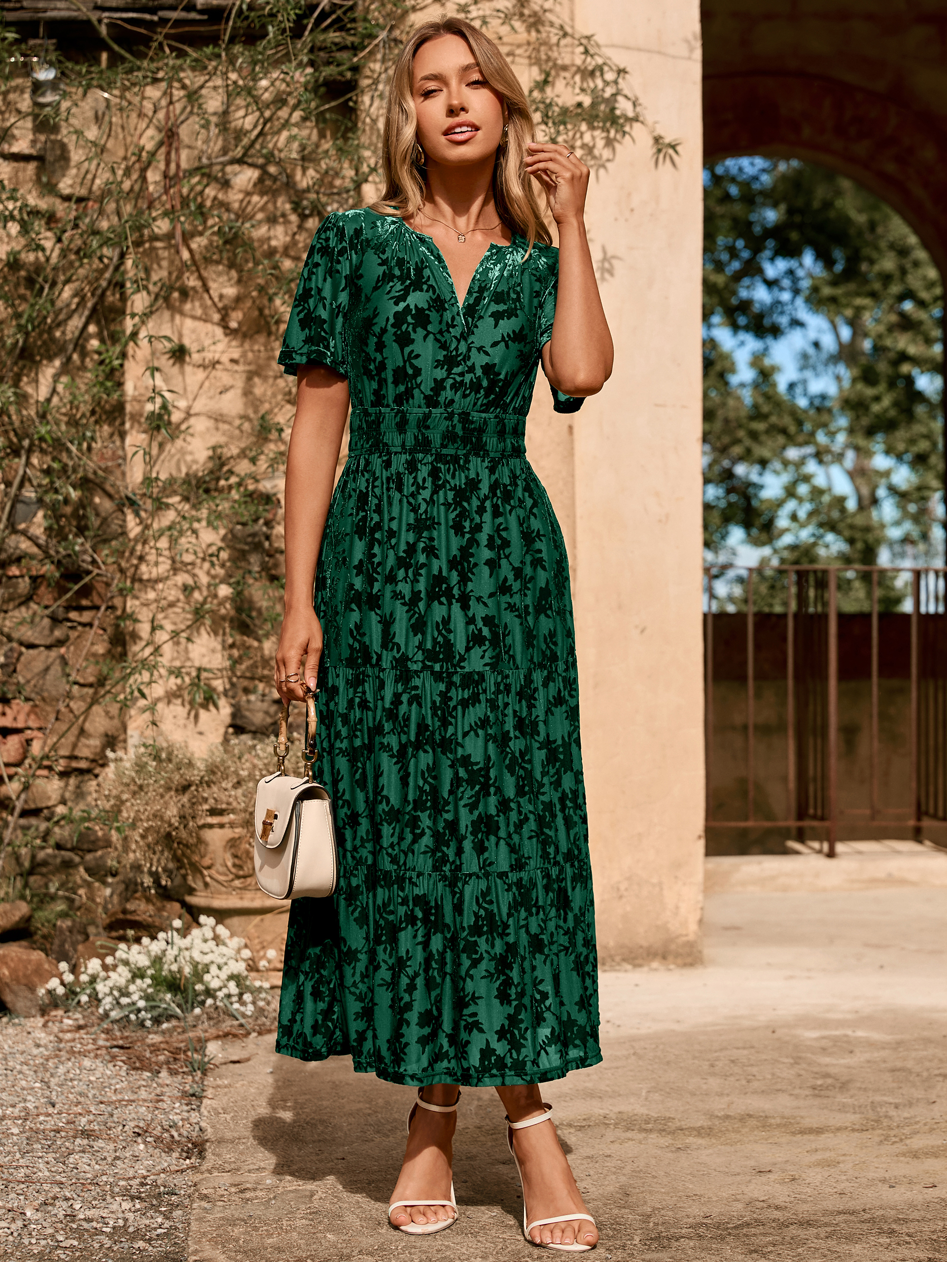 Velvet Print V-Neck Empire Tiered Ruffle Maxi Dress