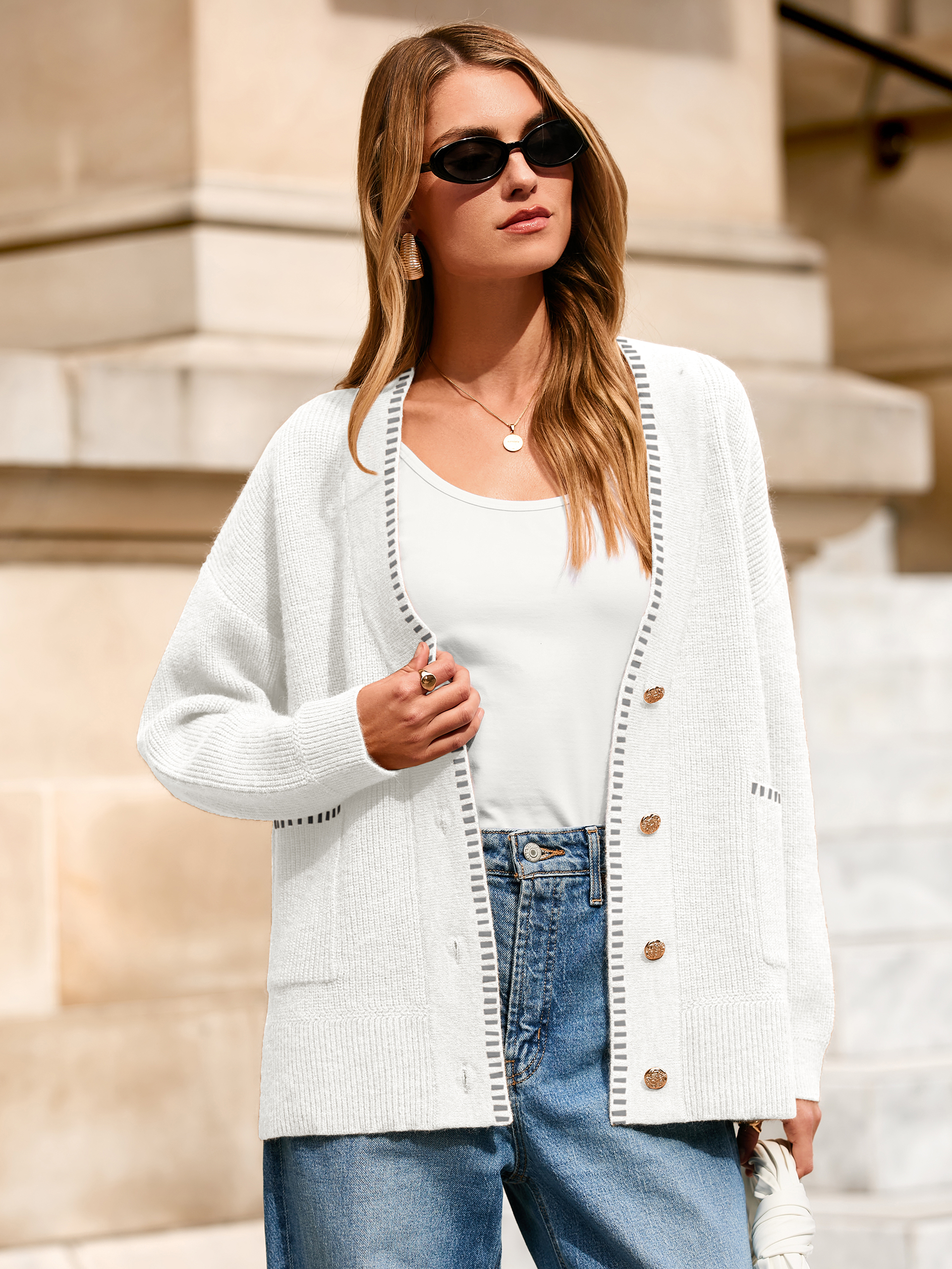 V-Neck Button Up Chunky Oversized Crochet Cardigan