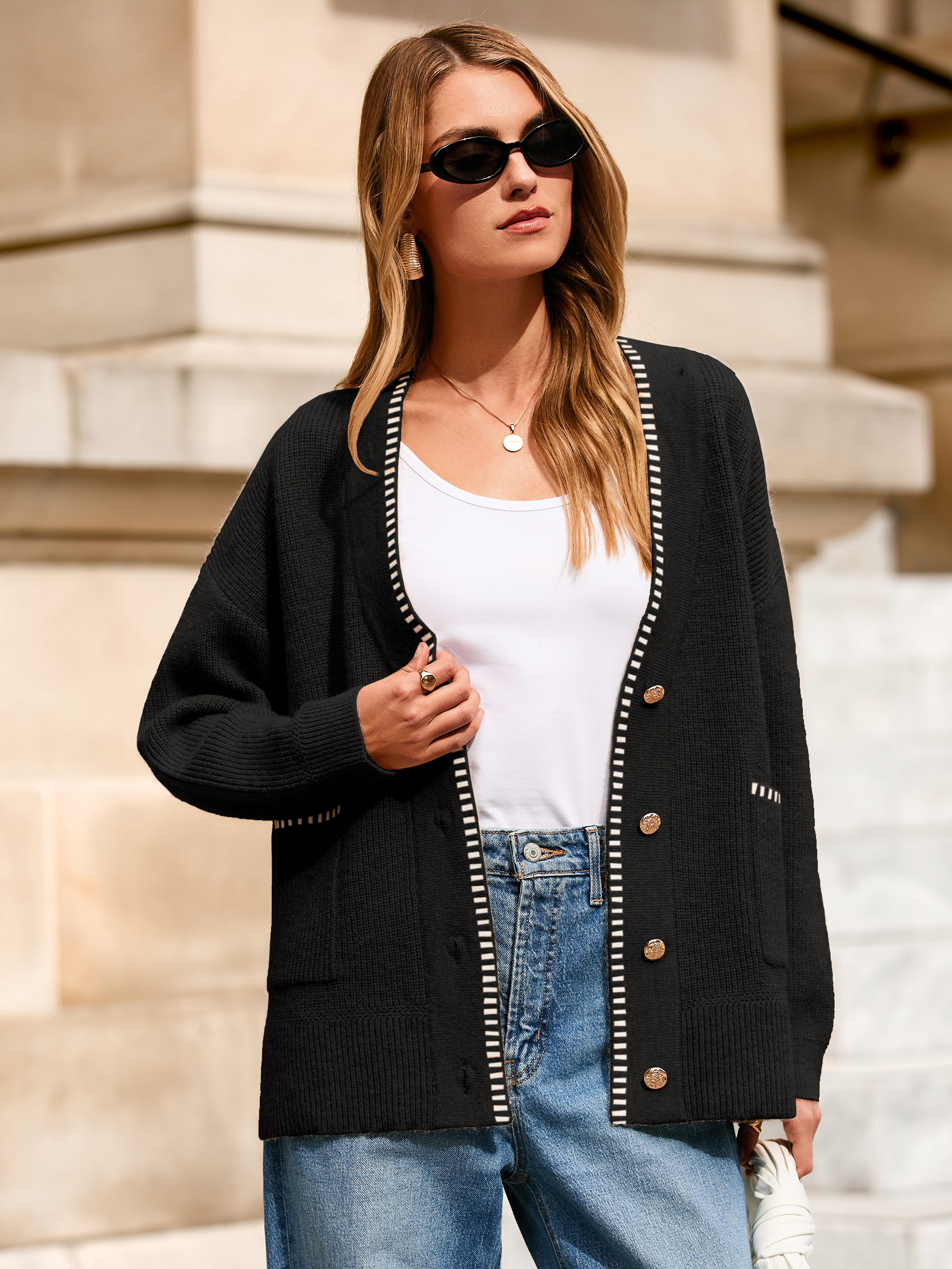 V-Neck Button Up Chunky Oversized Crochet Cardigan