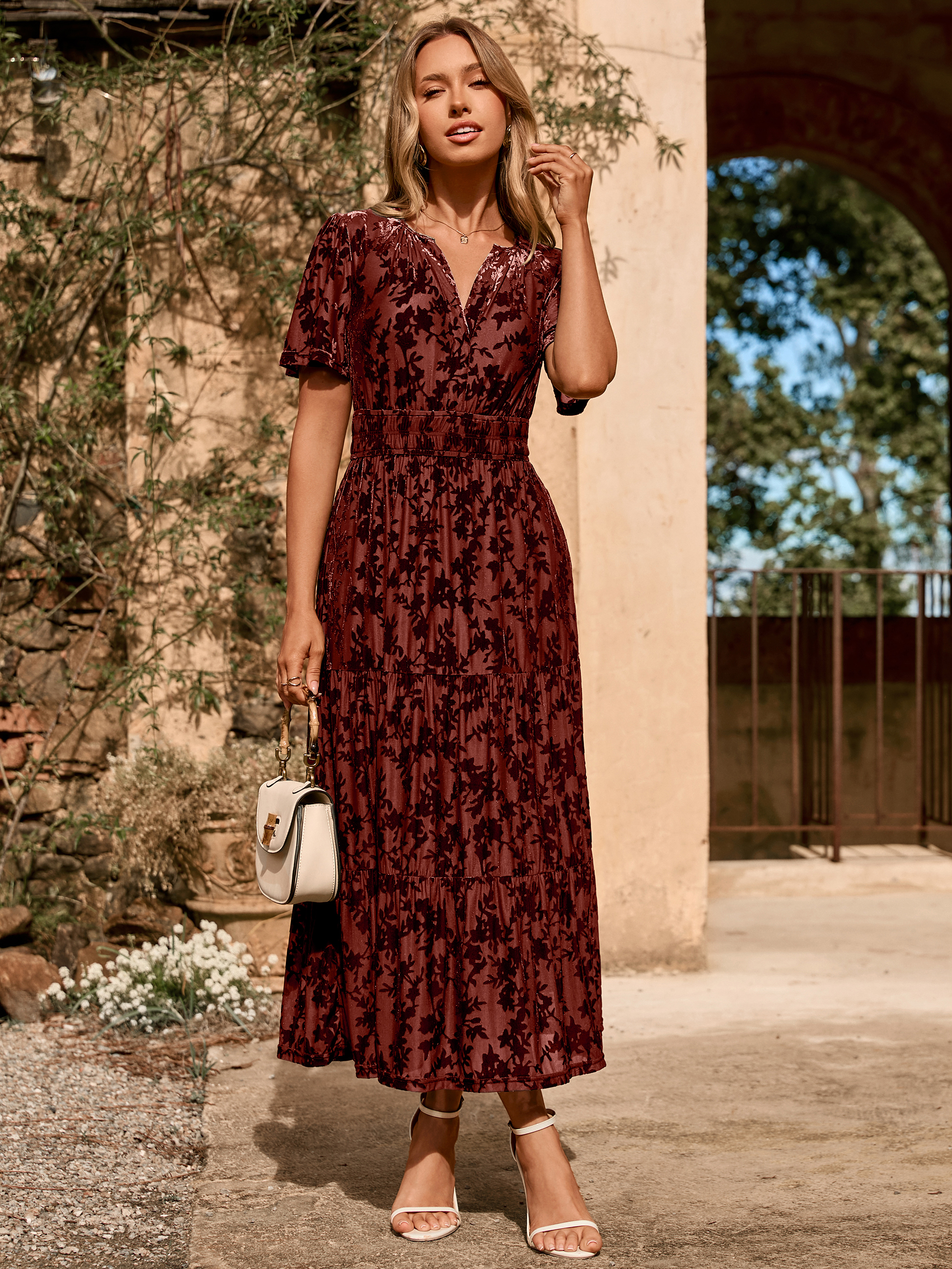 Velvet Print V-Neck Empire Tiered Ruffle Maxi Dress