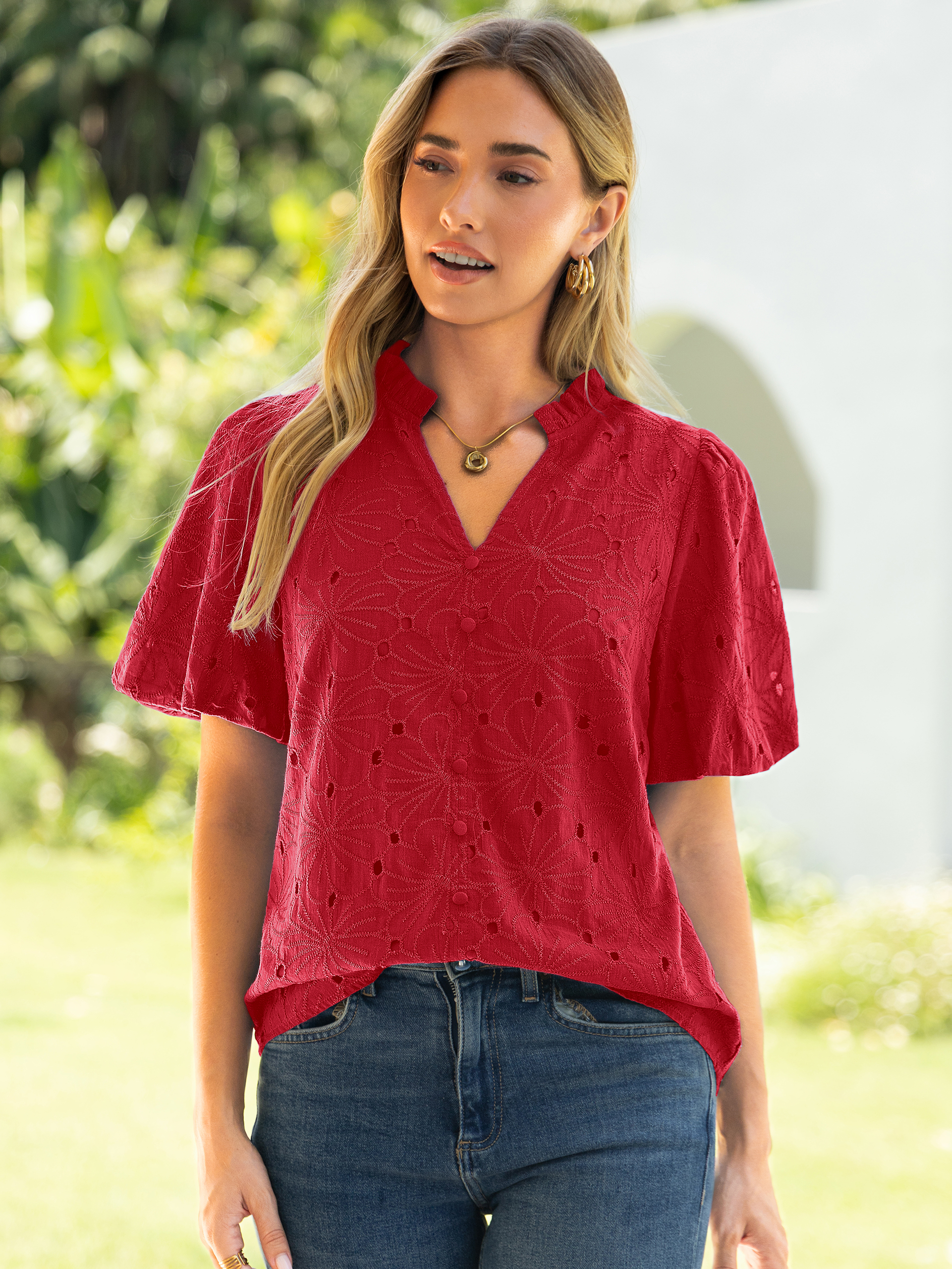 V Neck Eyelet Ruffle Button Up Puff Sleeve Top - Red