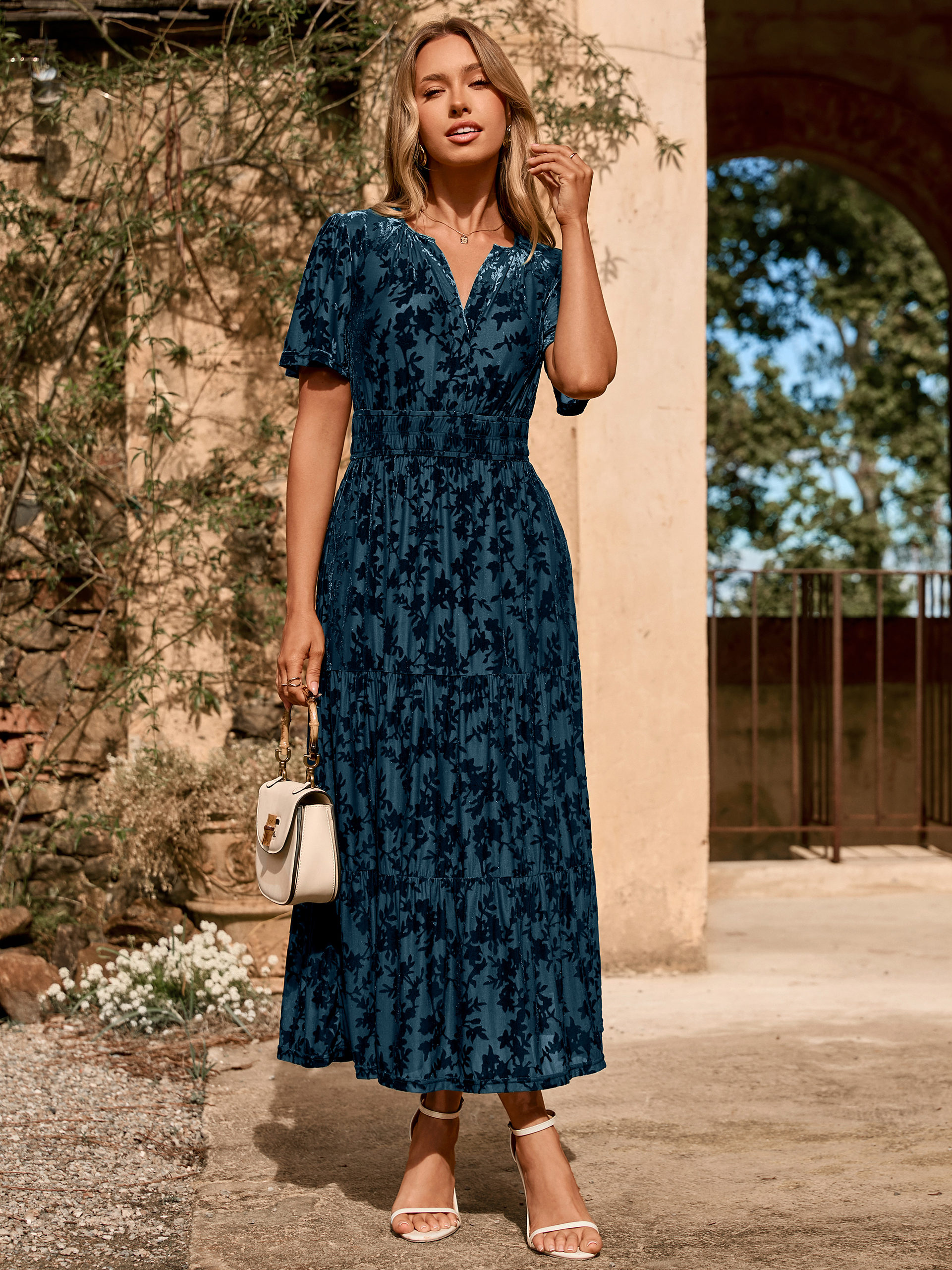 Velvet Print V-Neck Empire Tiered Ruffle Maxi Dress