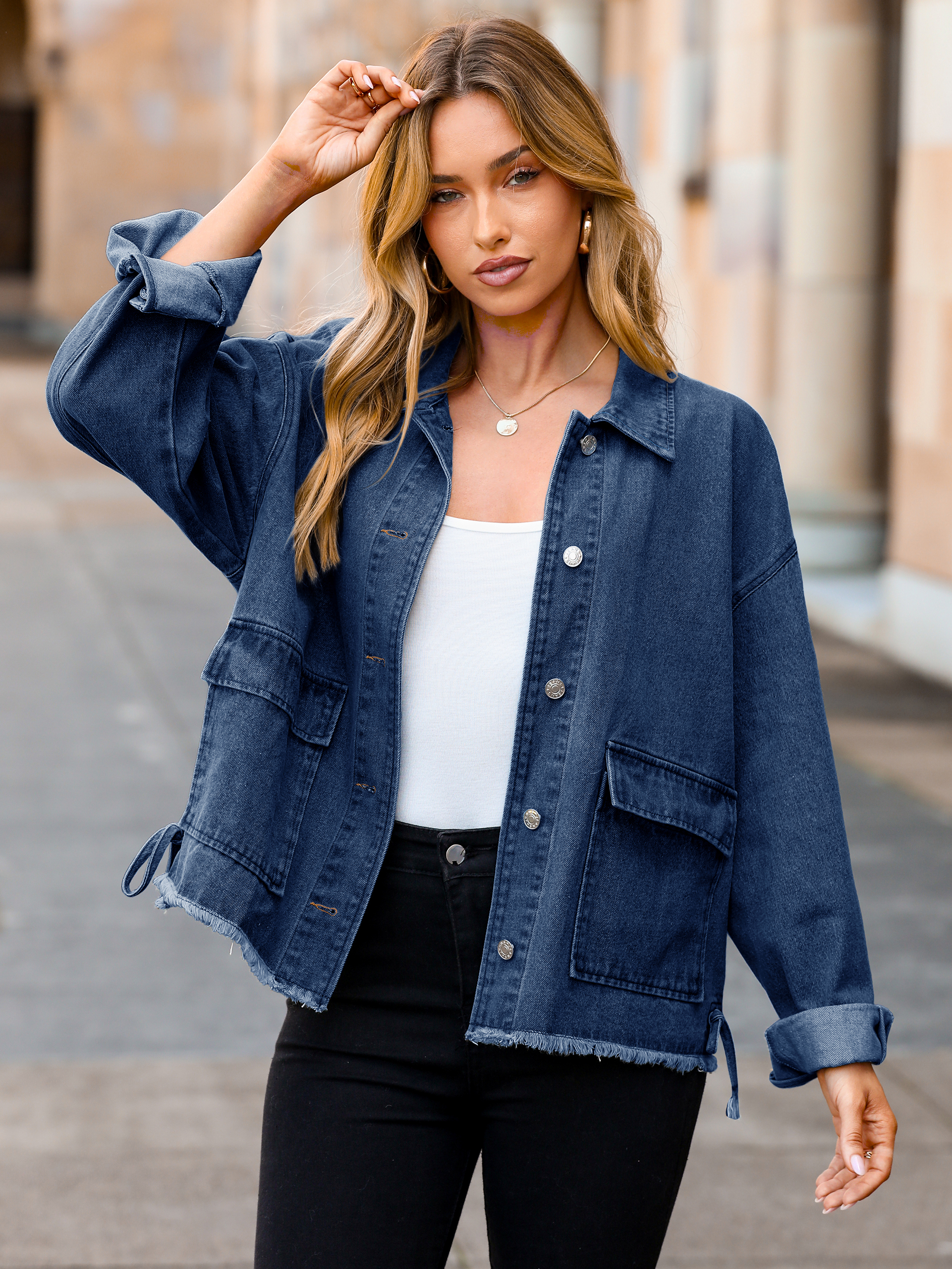 Vintage Cropped Loose Denim Jacket with Frayed Hem