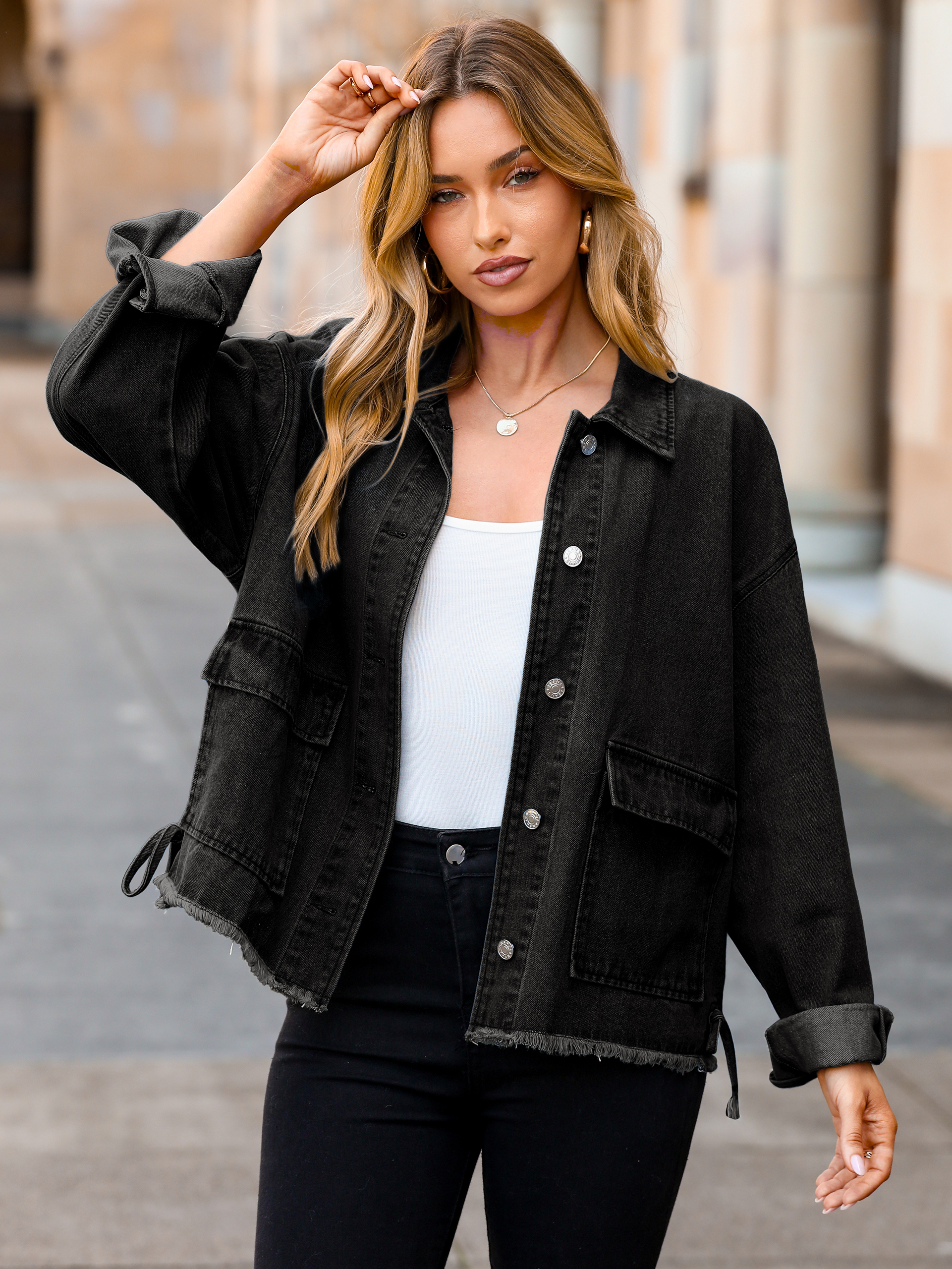 Vintage Cropped Loose Denim Jacket with Frayed Hem