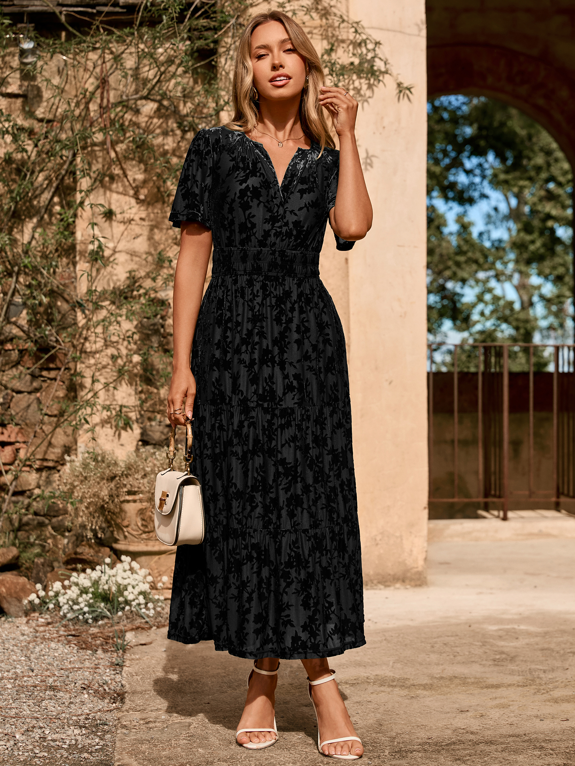 Velvet Print V-Neck Empire Tiered Ruffle Maxi Dress