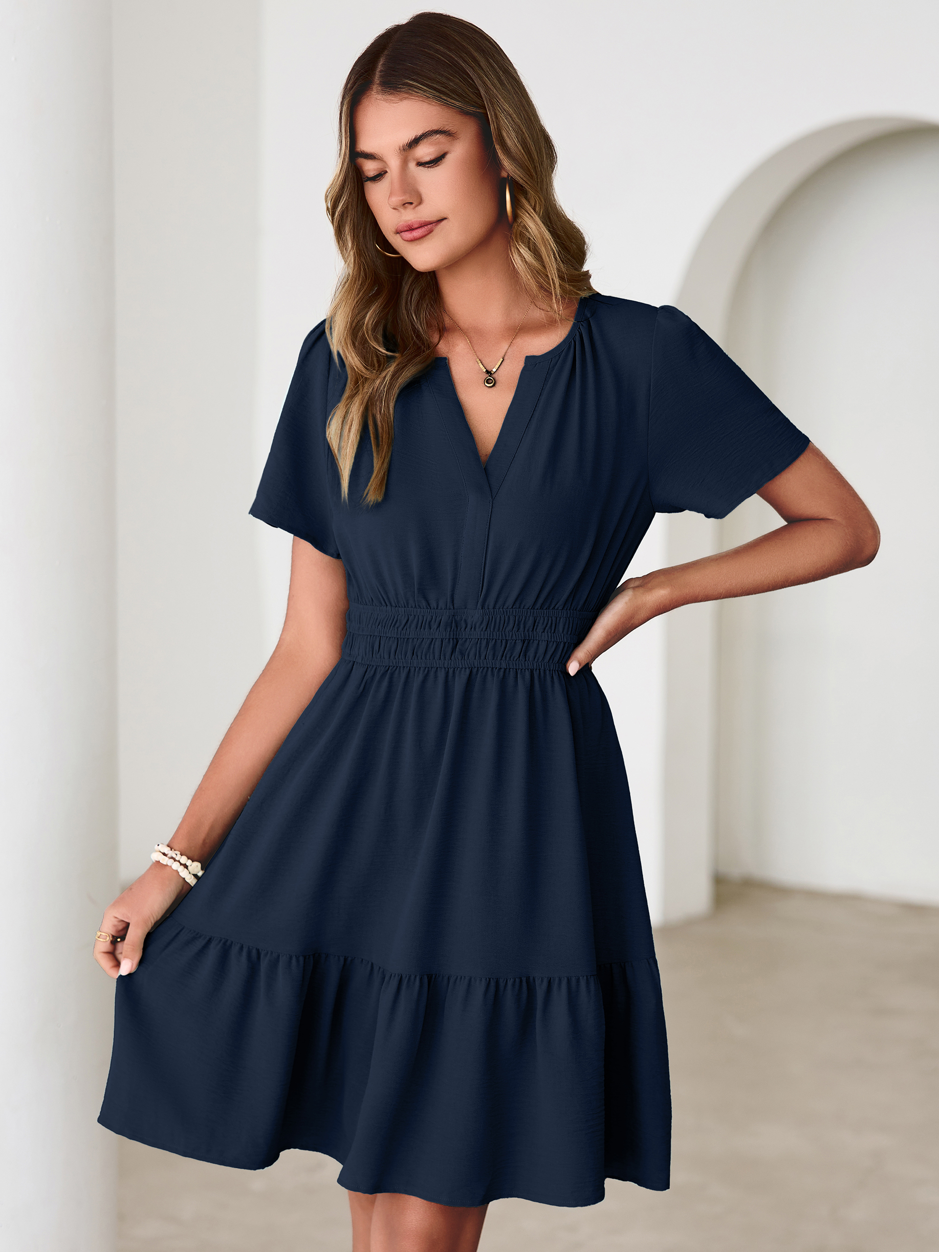 V Neck Smocked Waist Ruffle Hem Mini Dress - Navy Blue
