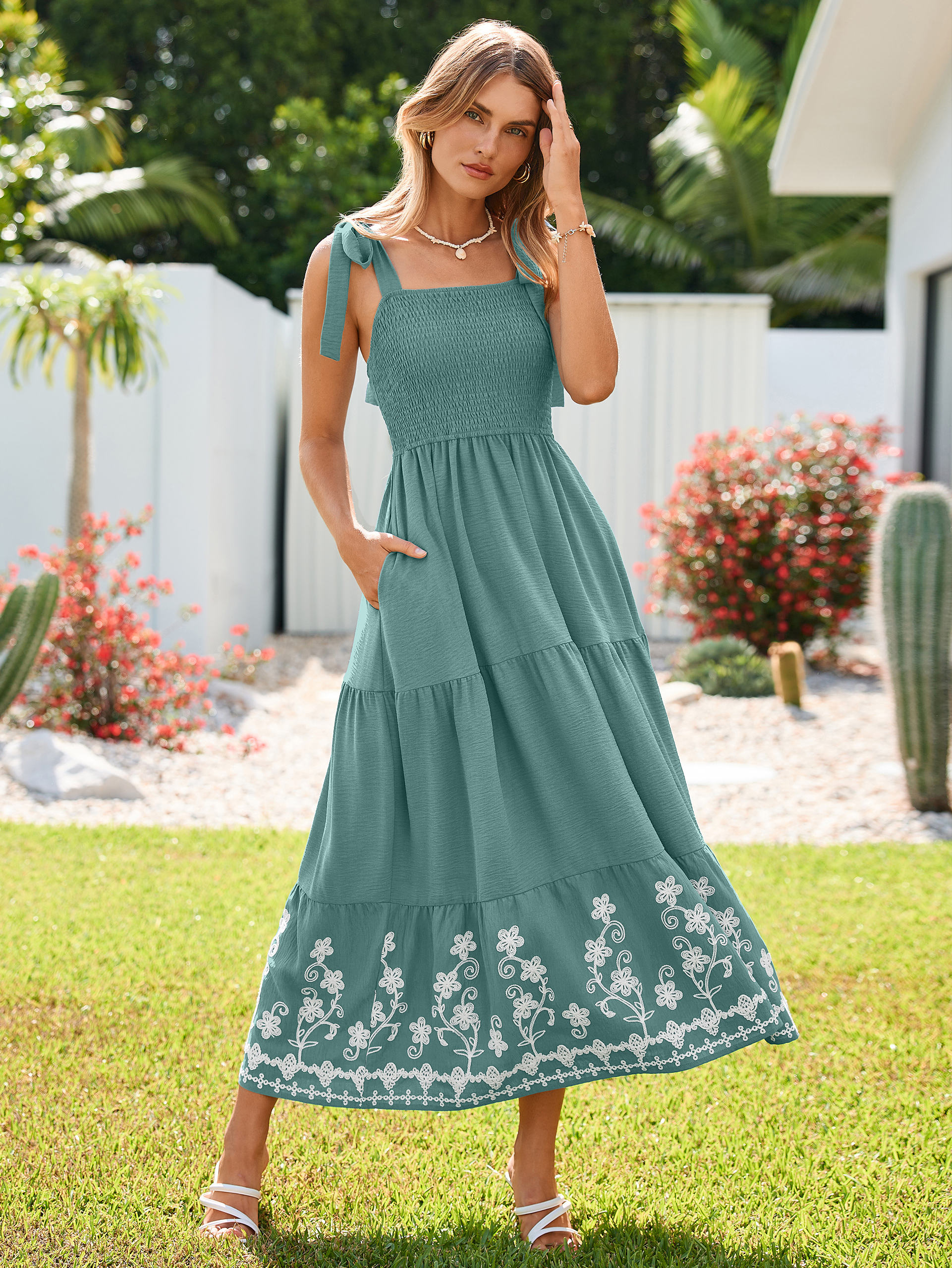 Floral Embroidery Smocked Tie Shoulder Maxi Dress
