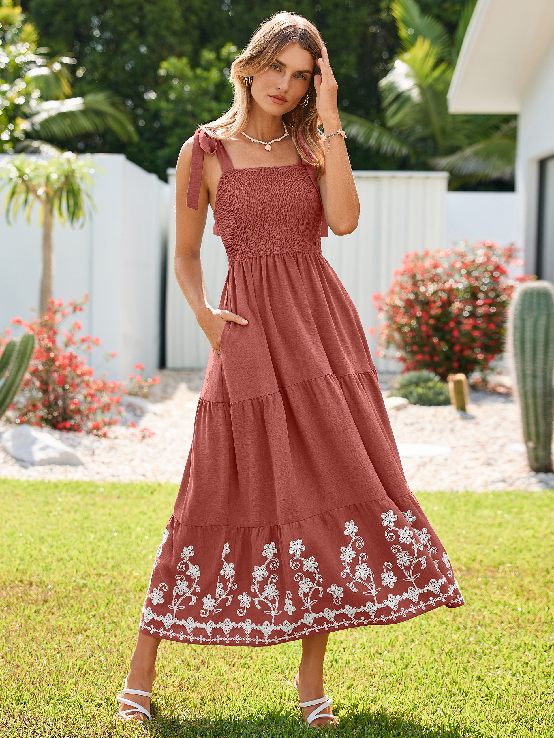 Floral Embroidery Smocked Tie Shoulder Maxi Dress