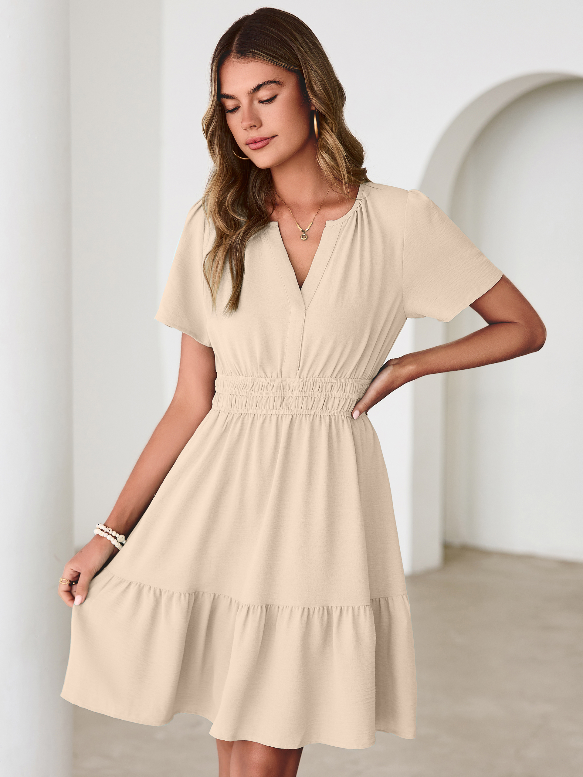 V Neck Smocked Waist Ruffle Hem Mini Dress - Beige