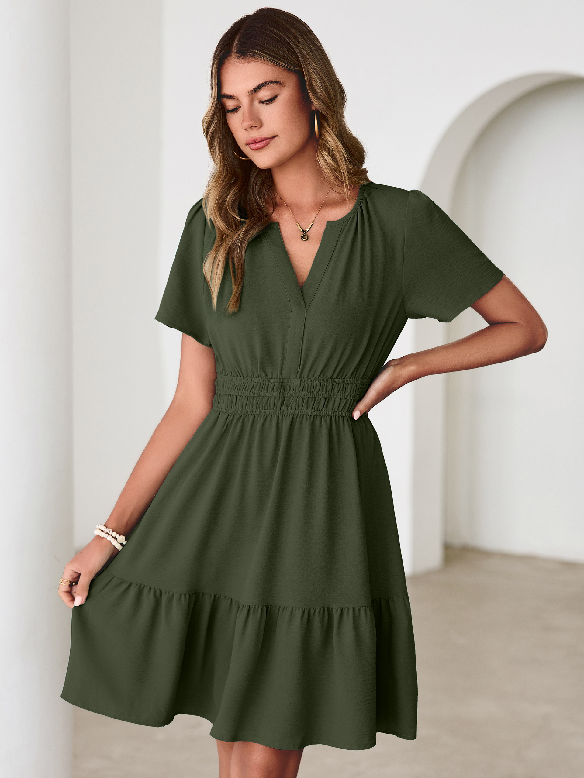 V Neck Smocked Waist Ruffle Hem Mini Dress