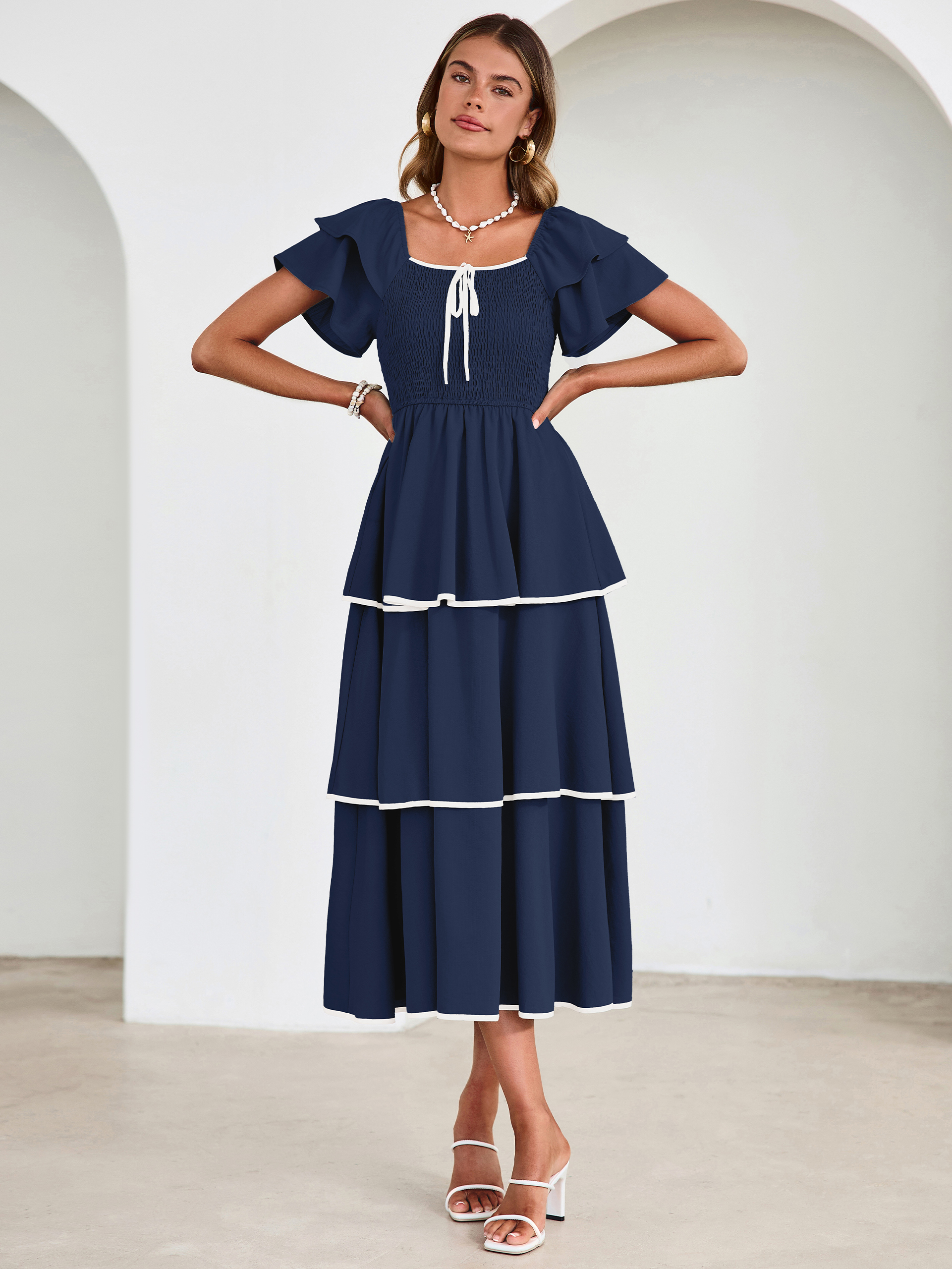 Ruched Off Shoulder Tiered Maxi Dress - Navy Blue