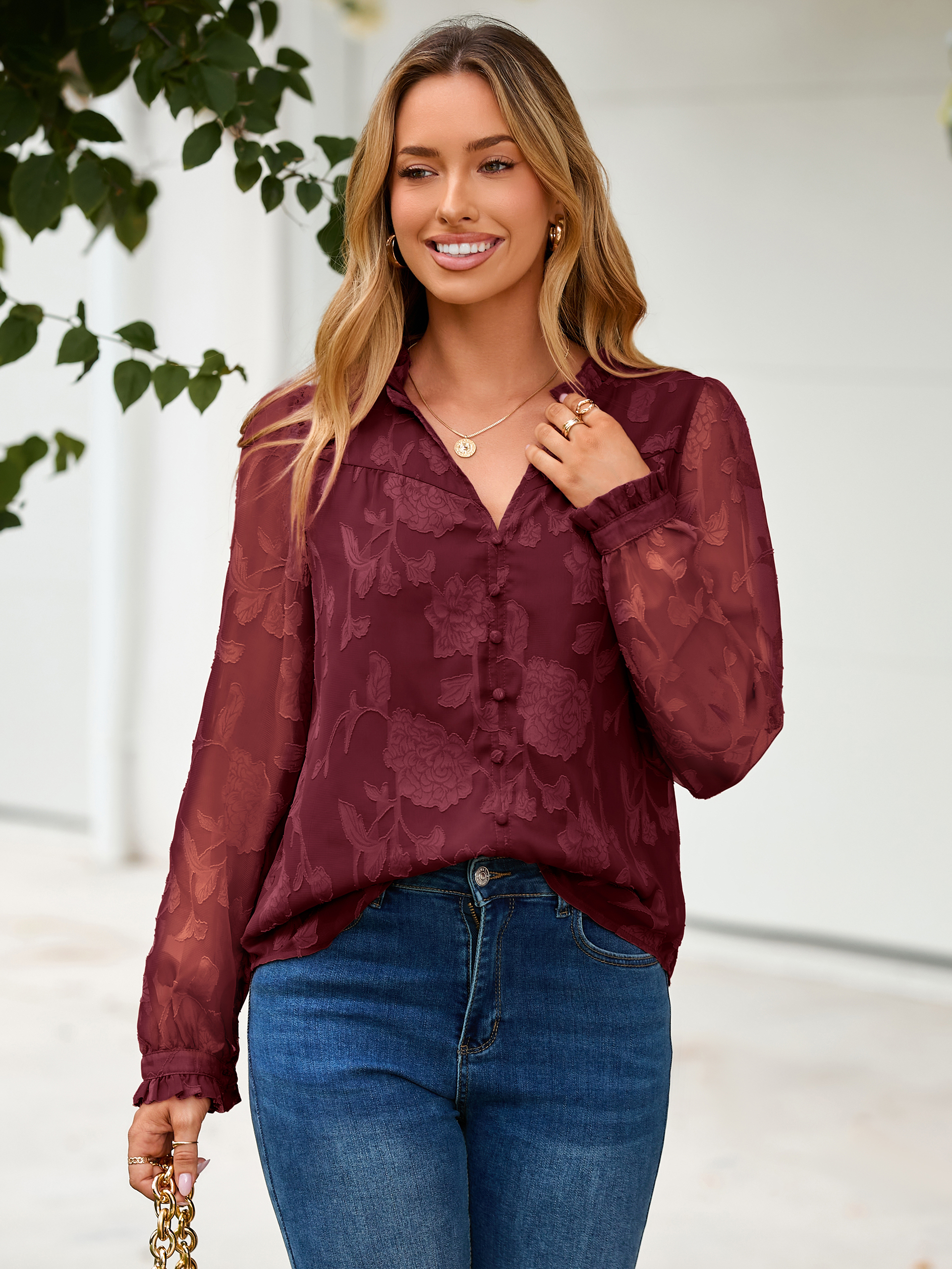 Chiffon Burnout V Neck Long Sleeve Blouse - Wine Red