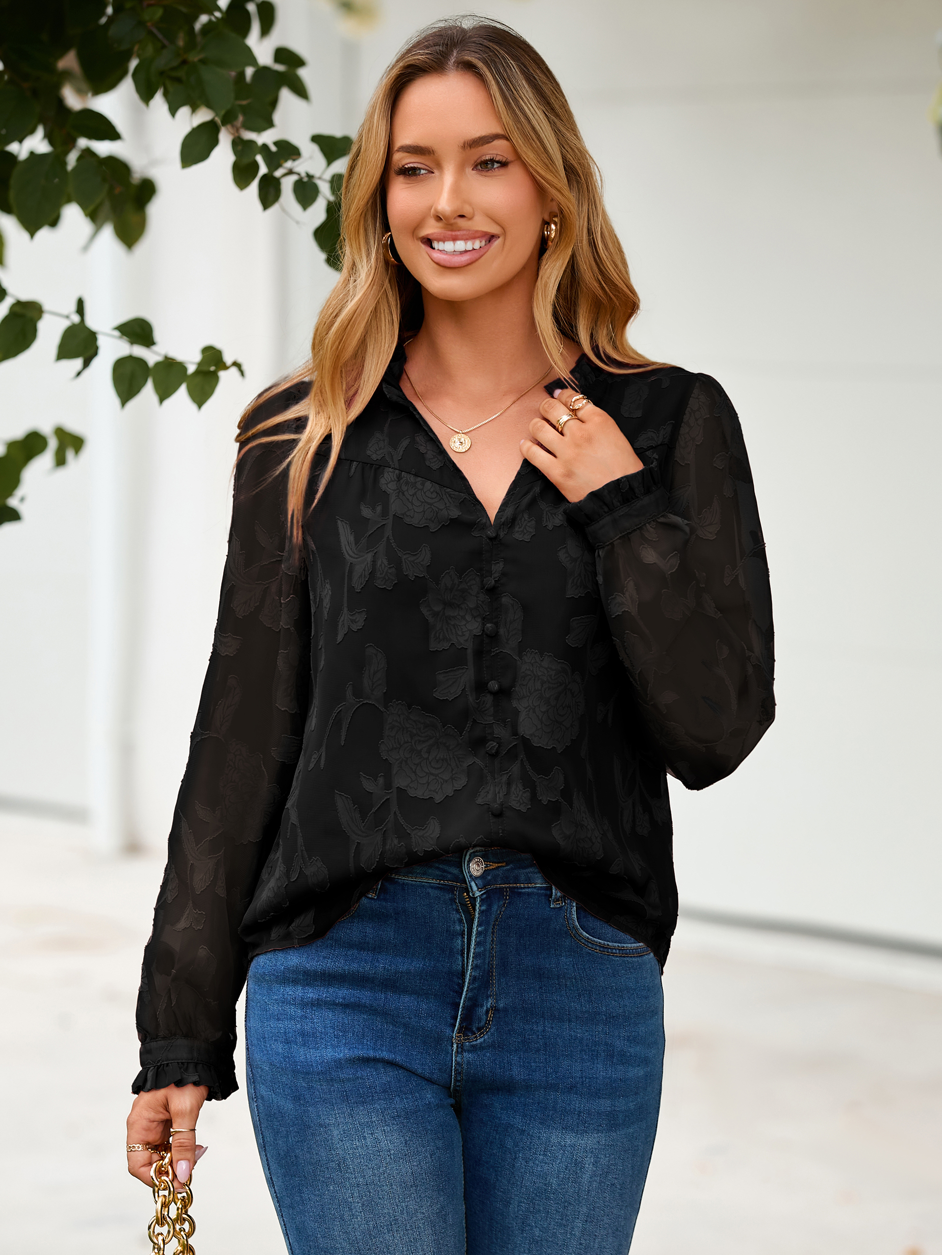 Chiffon Burnout V Neck Long Sleeve Blouse - Black