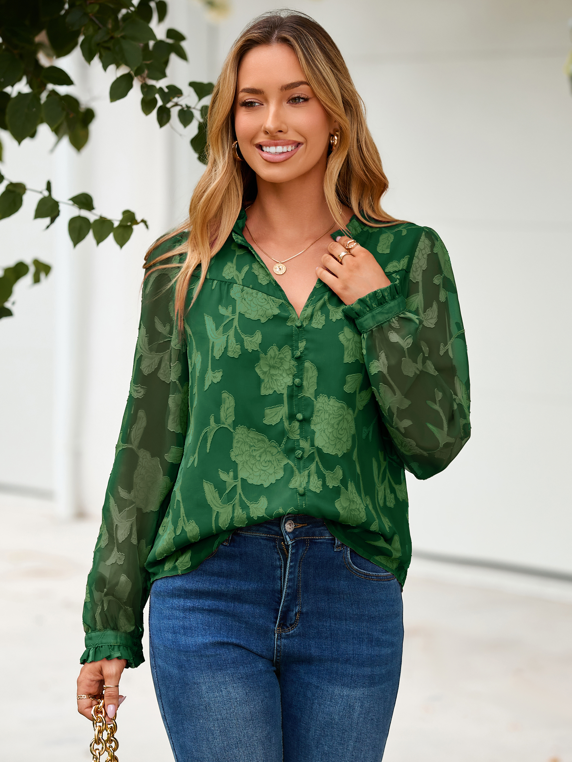 Chiffon Burnout V Neck Long Sleeve Blouse - Dark Green