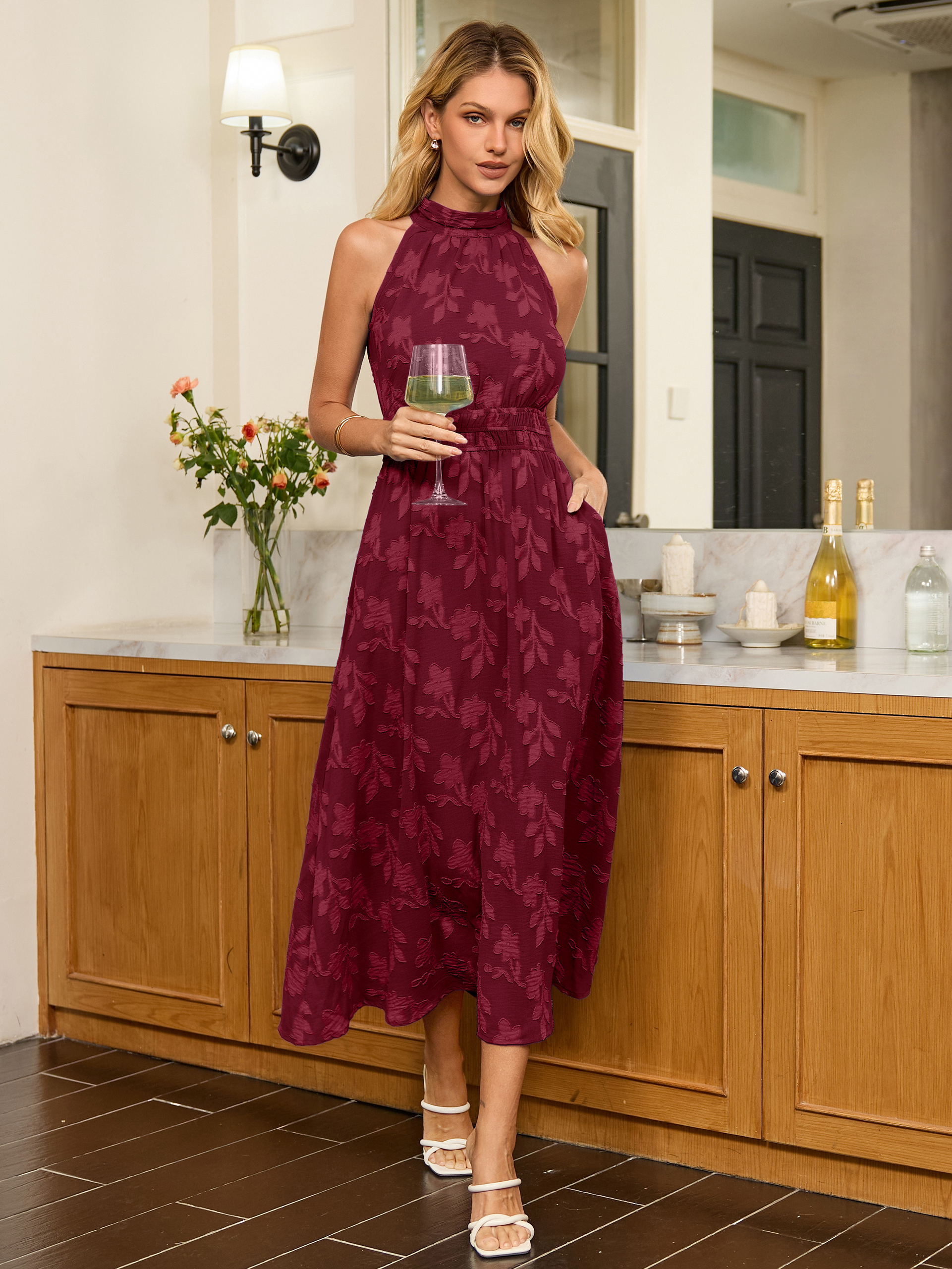 Burnout Floral Halter Maxi Dress With Pockets