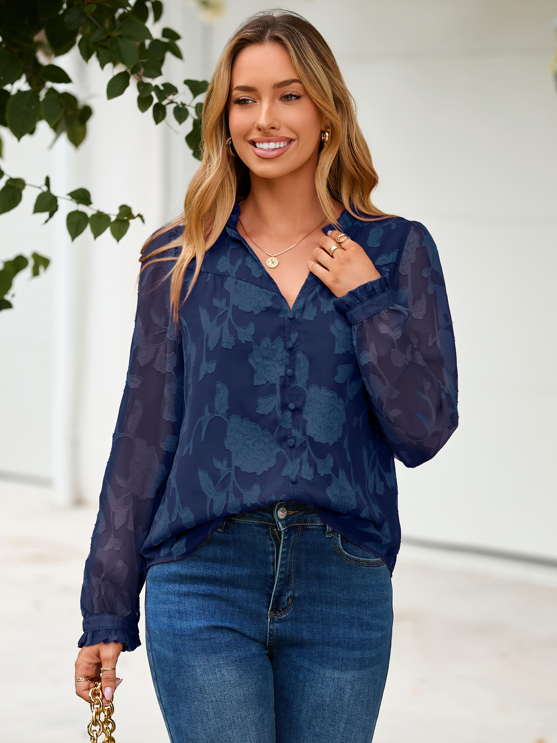 Chiffon Burnout V Neck Long Sleeve Blouse - Navy Blue