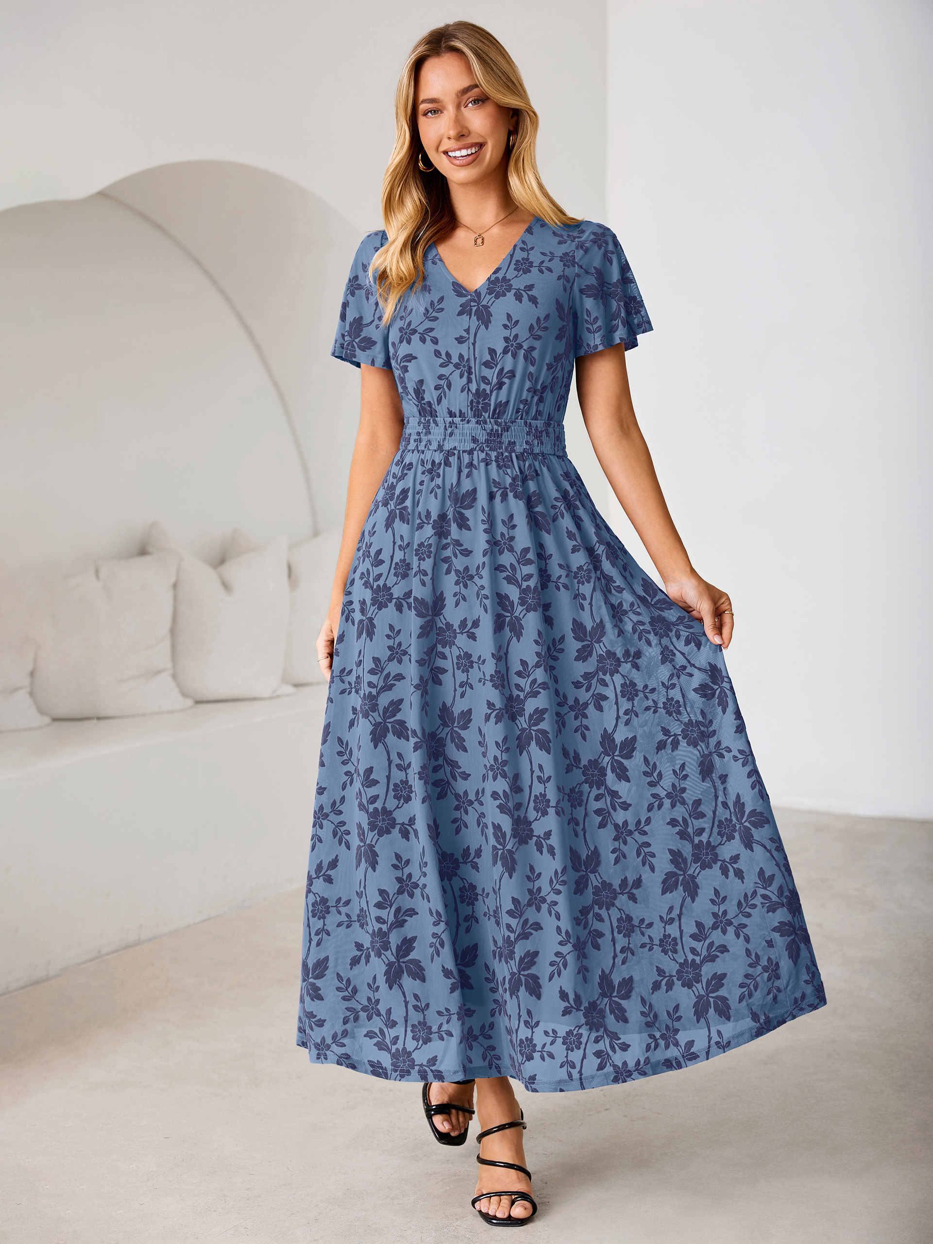 Flocked Floral V Neck Mesh Smocked Maxi Dress - Dusty Blue