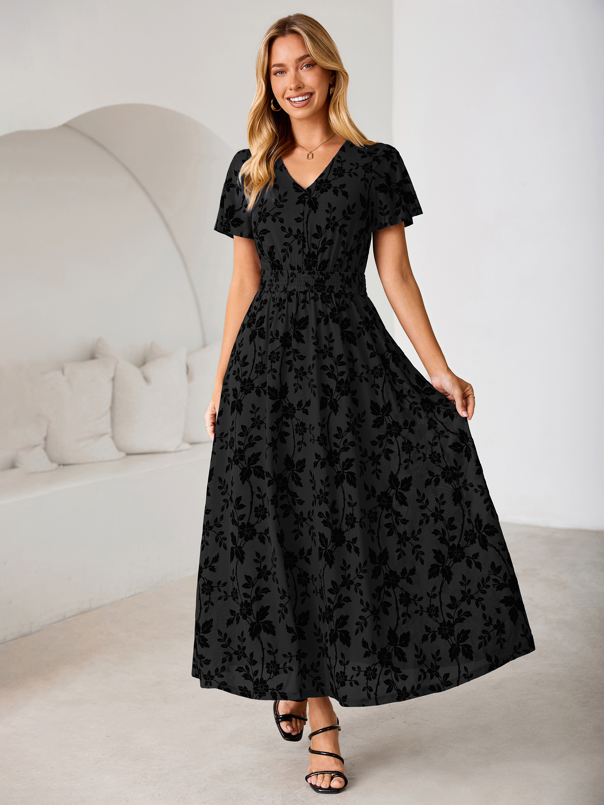 Flocked Floral V Neck Mesh Smocked Maxi Dress - Black