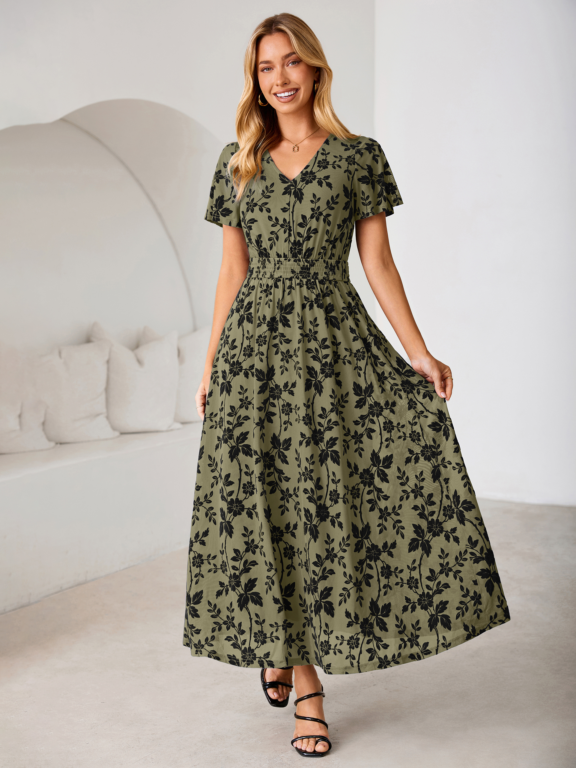 Flocked Floral V Neck Mesh Smocked Maxi Dress - Army Green
