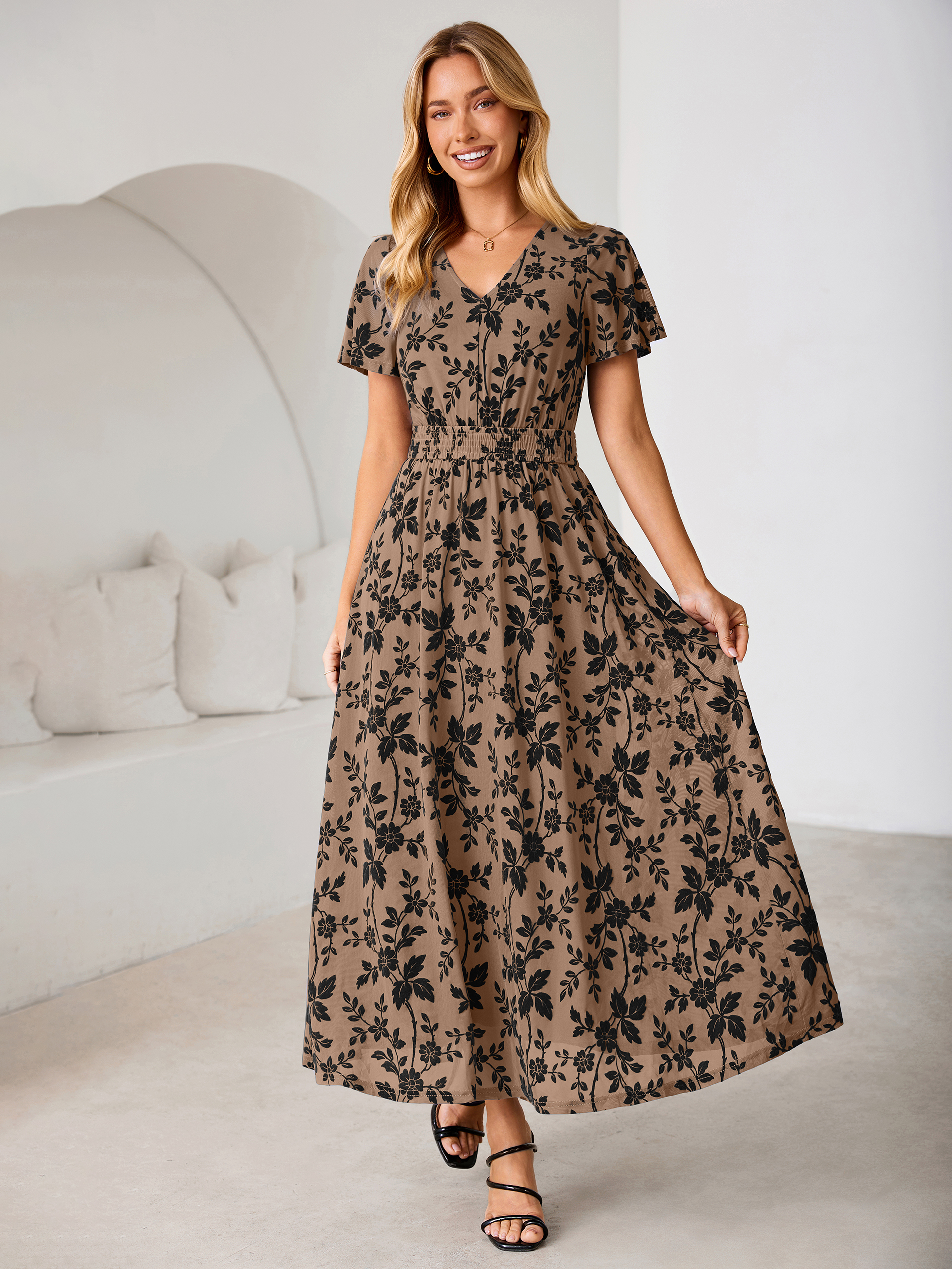 Flocked Floral V Neck Mesh Smocked Maxi Dress - Coffee Brown