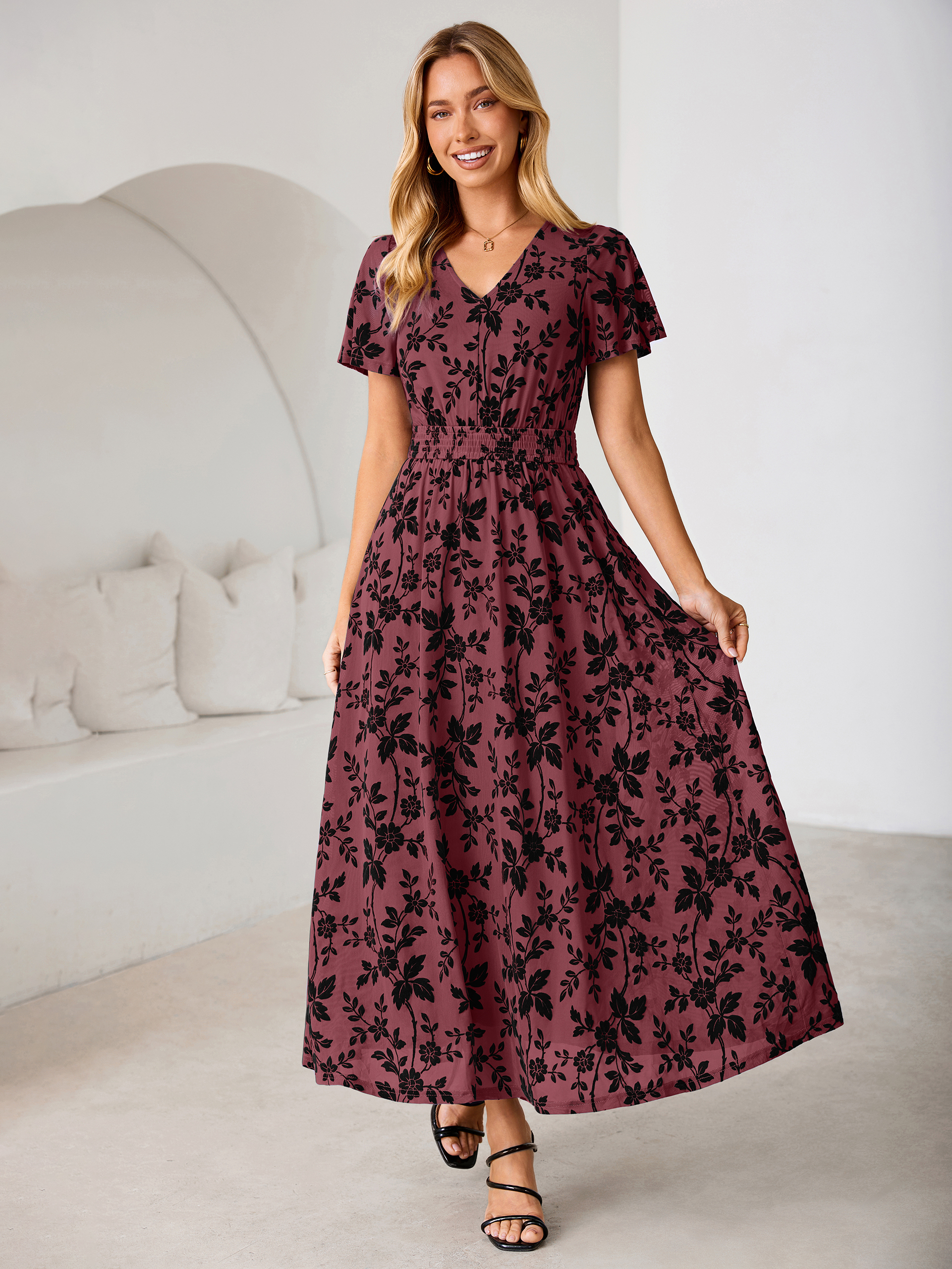 Flocked Floral V Neck Mesh Smocked Maxi Dress - Wine Red