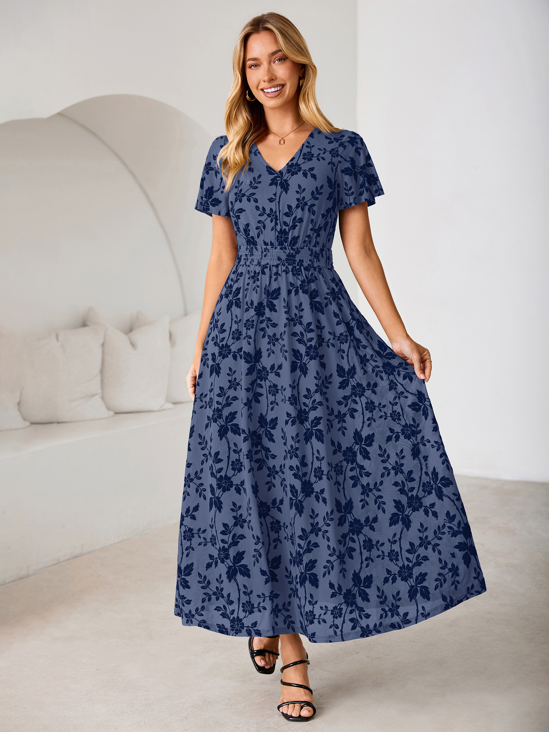 Flocked Floral V Neck Mesh Smocked Maxi Dress - Navy Blue