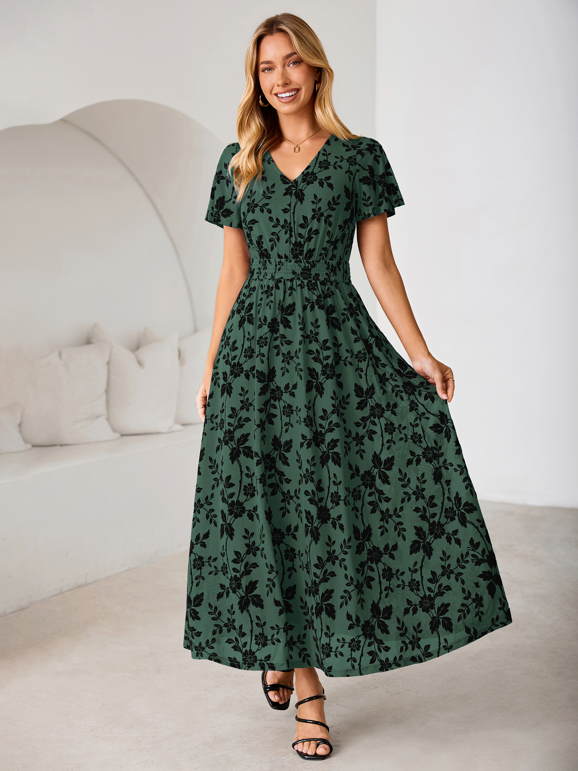 Flocked Floral V Neck Mesh Smocked Maxi Dress - Dark Green
