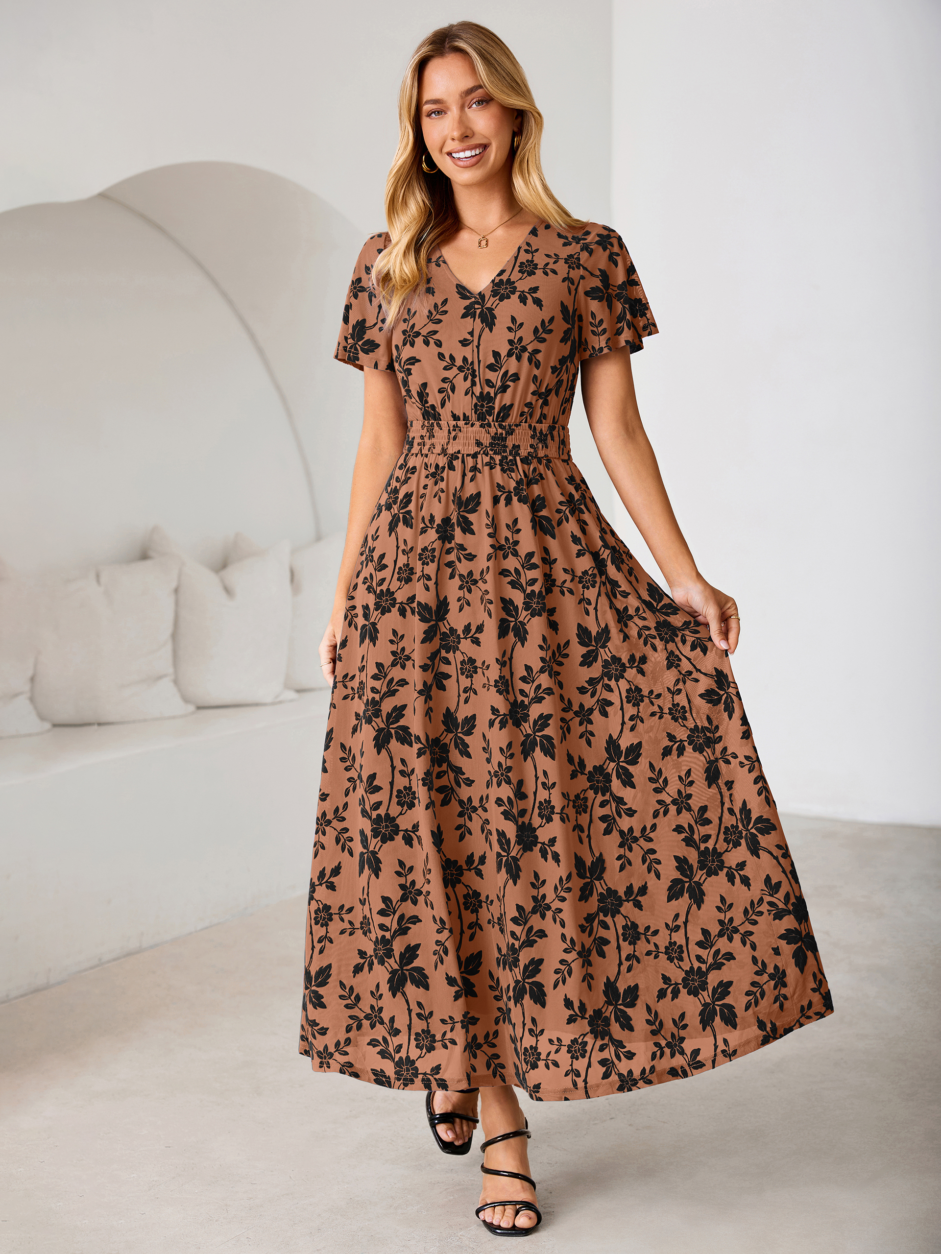 Flocked Floral V Neck Mesh Smocked Maxi Dress - Burnt Orange