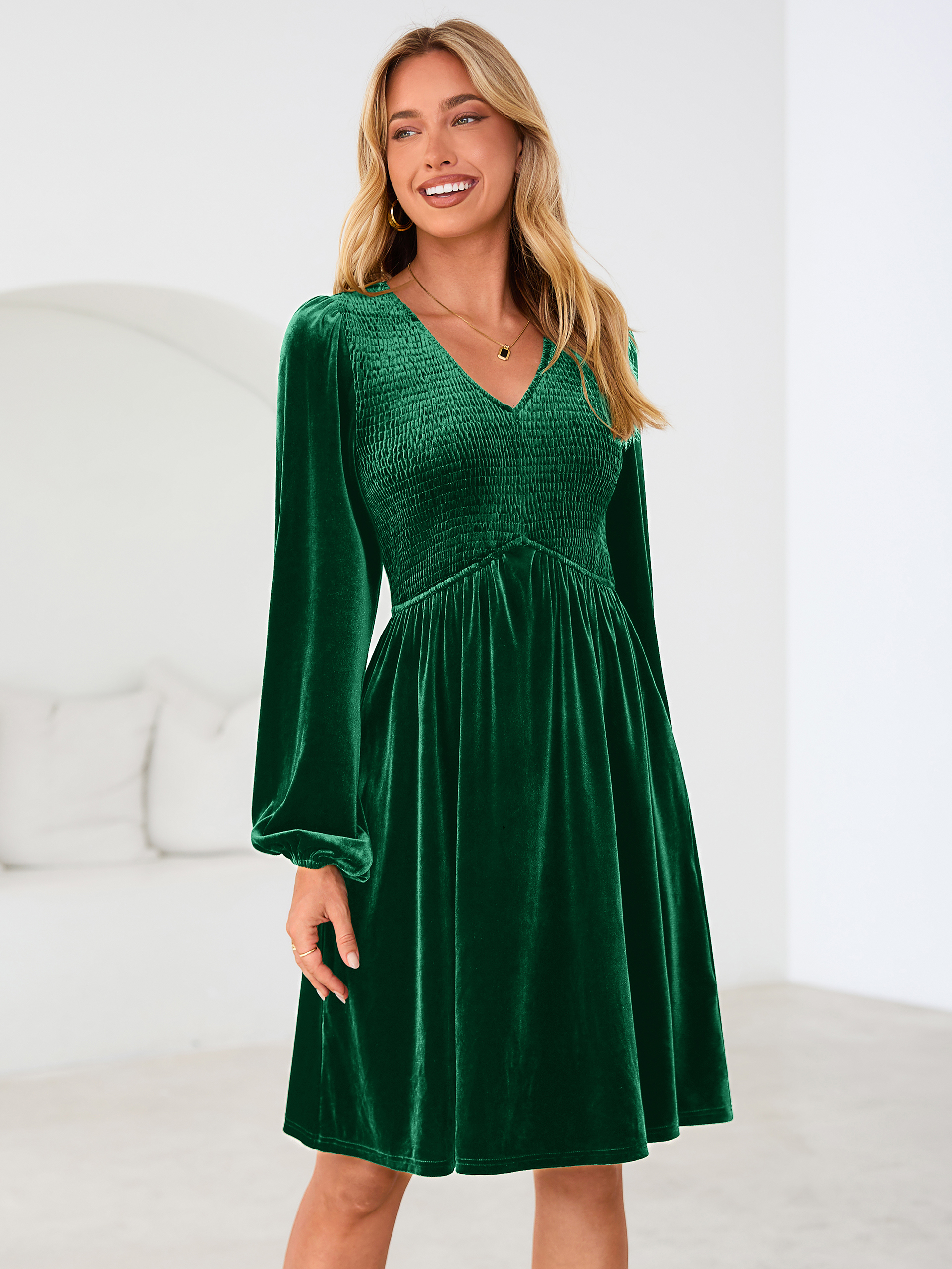Velvet Smocked Bodice V Neck Long Sleeve Mini Dress