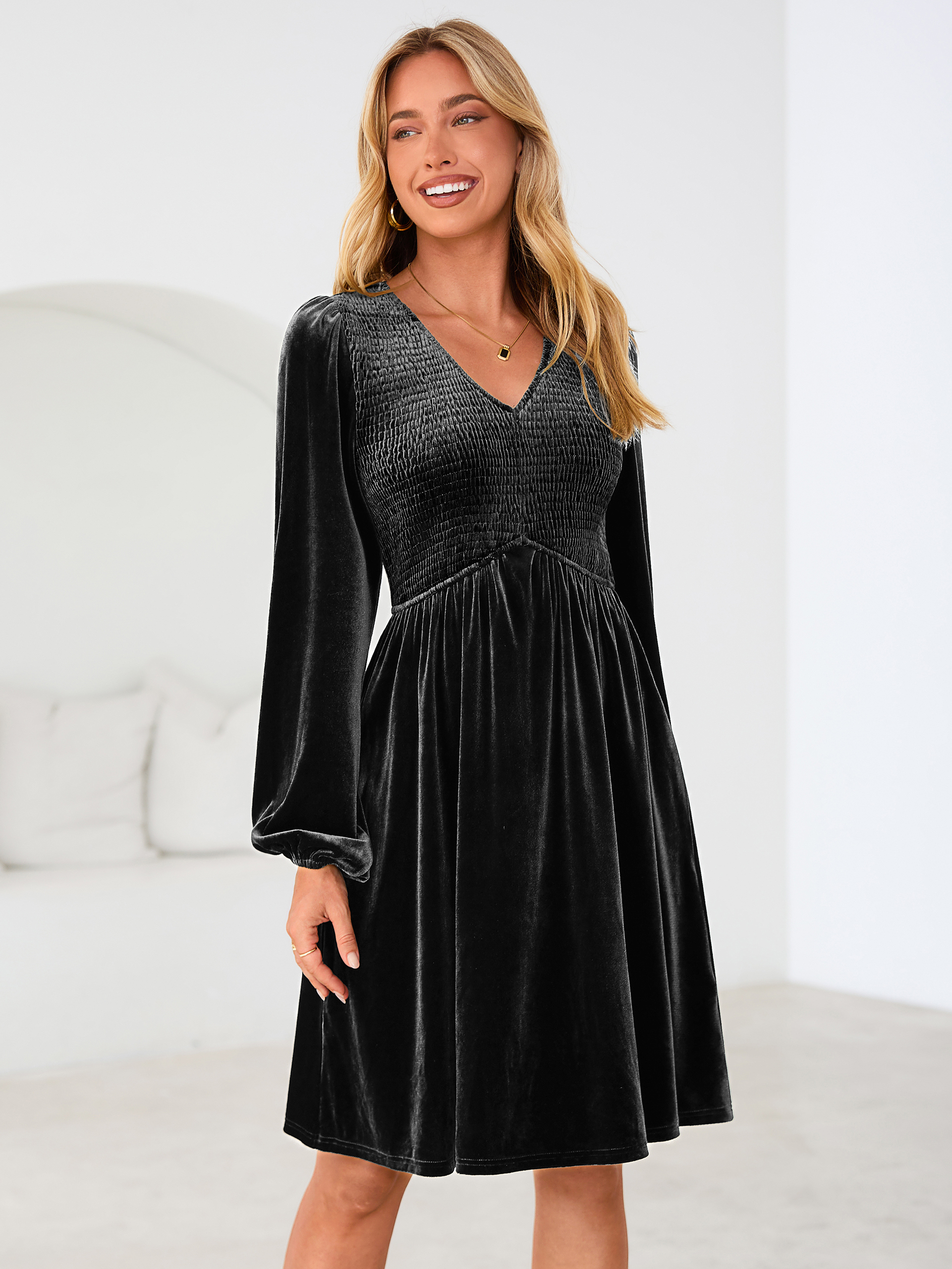 Velvet Smocked Bodice V Neck Long Sleeve Mini Dress