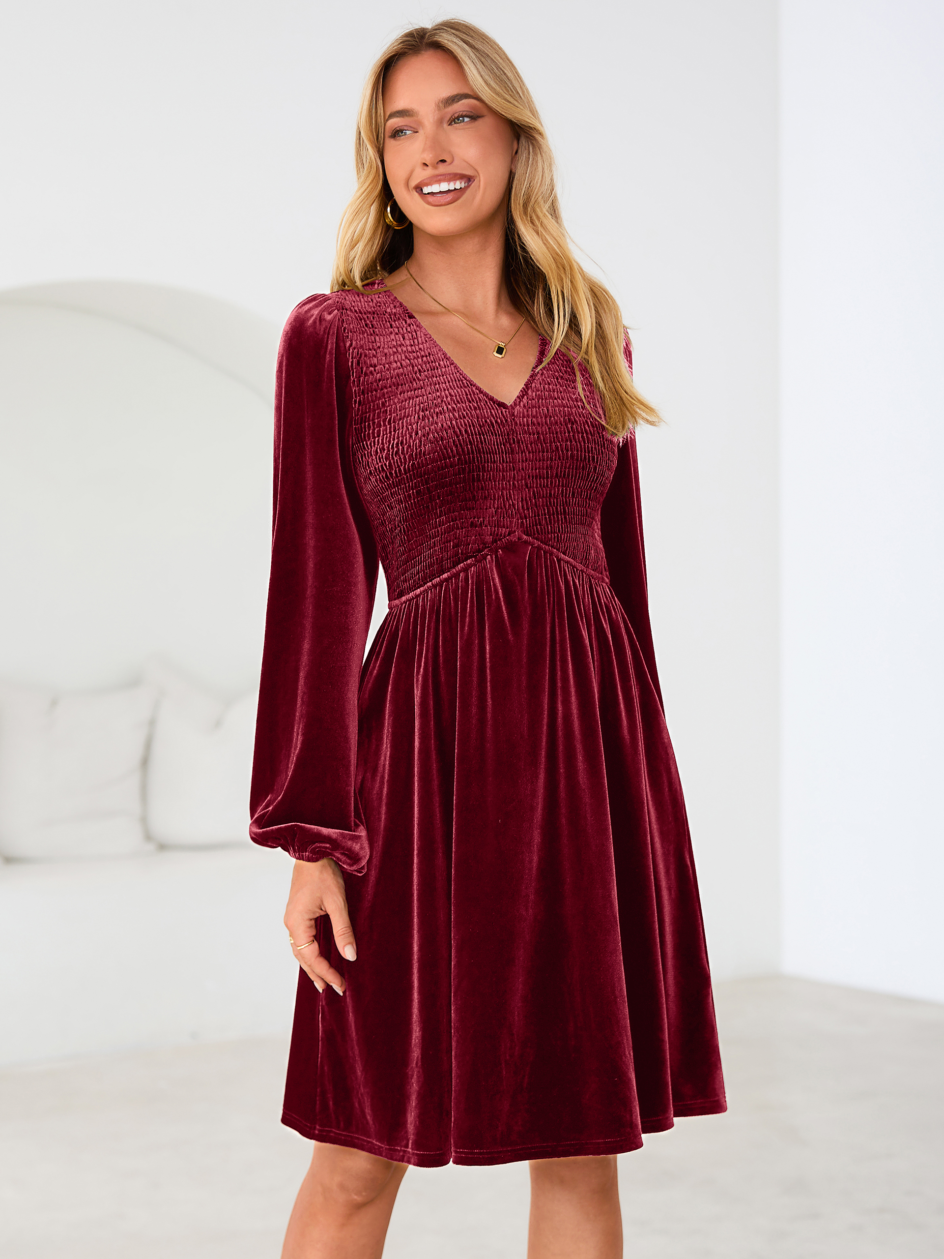 Velvet Smocked Bodice V Neck Long Sleeve Mini Dress