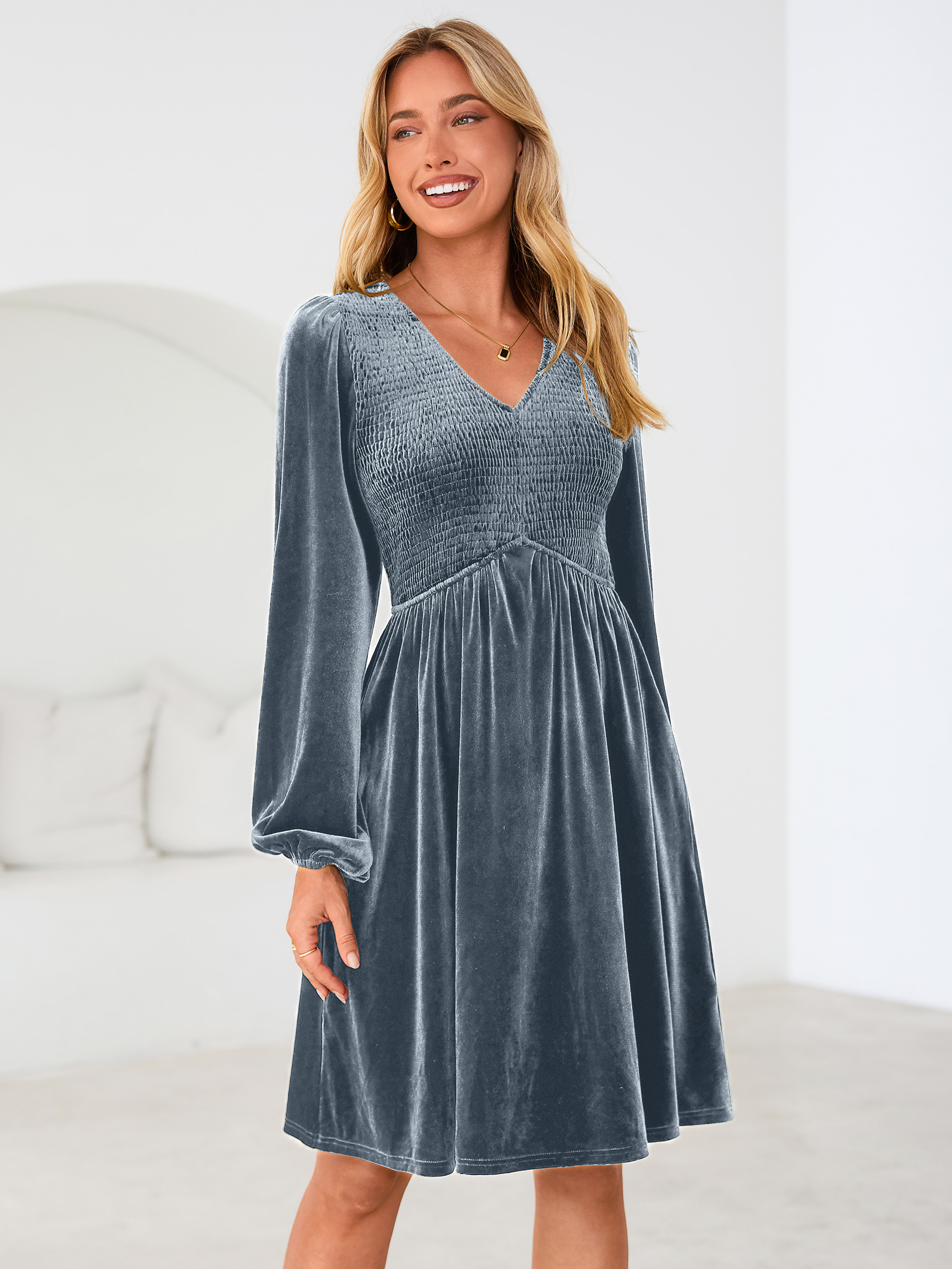 Velvet Smocked Bodice V Neck Long Sleeve Mini Dress
