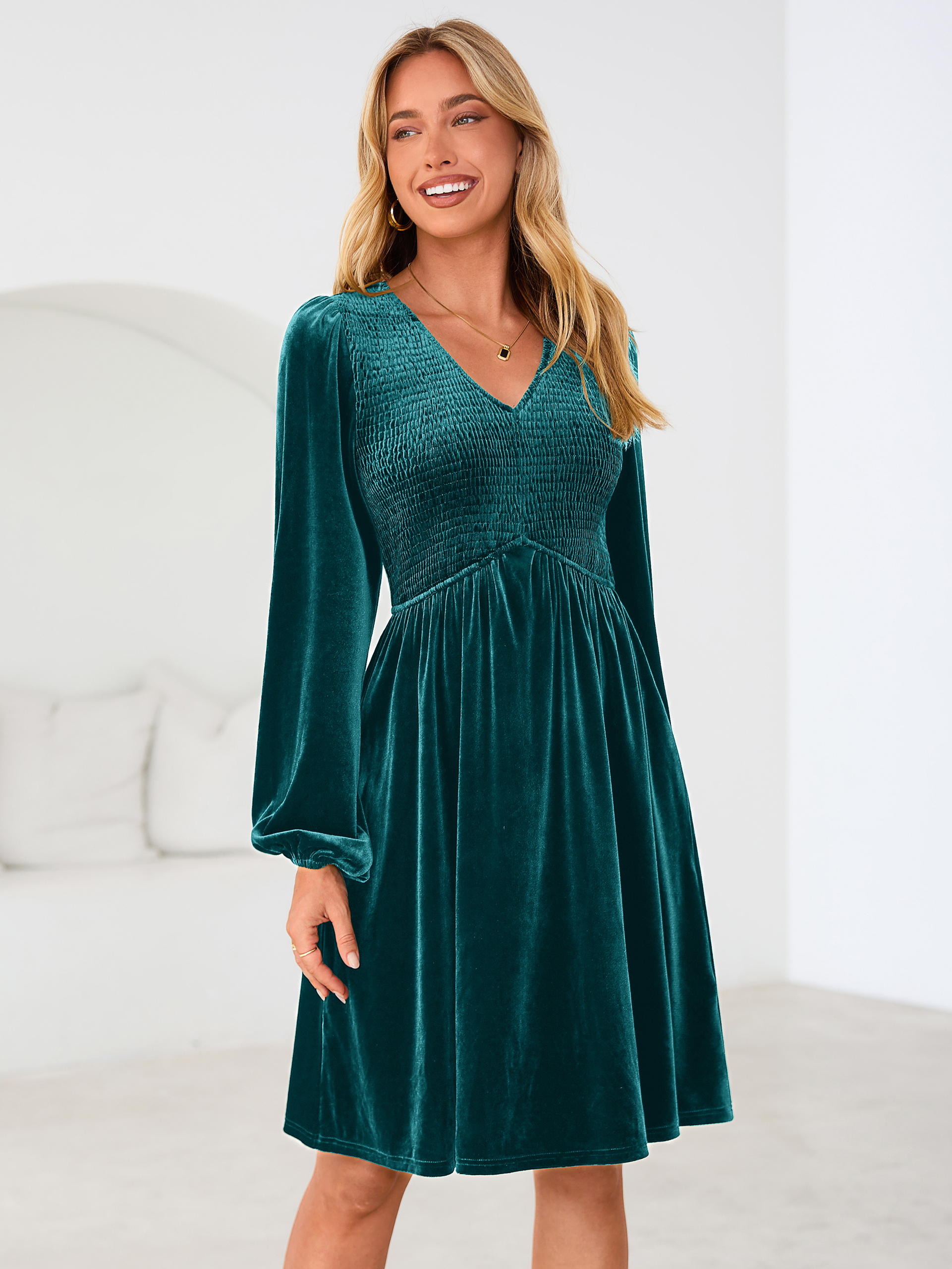 Velvet Smocked Bodice V Neck Long Sleeve Mini Dress