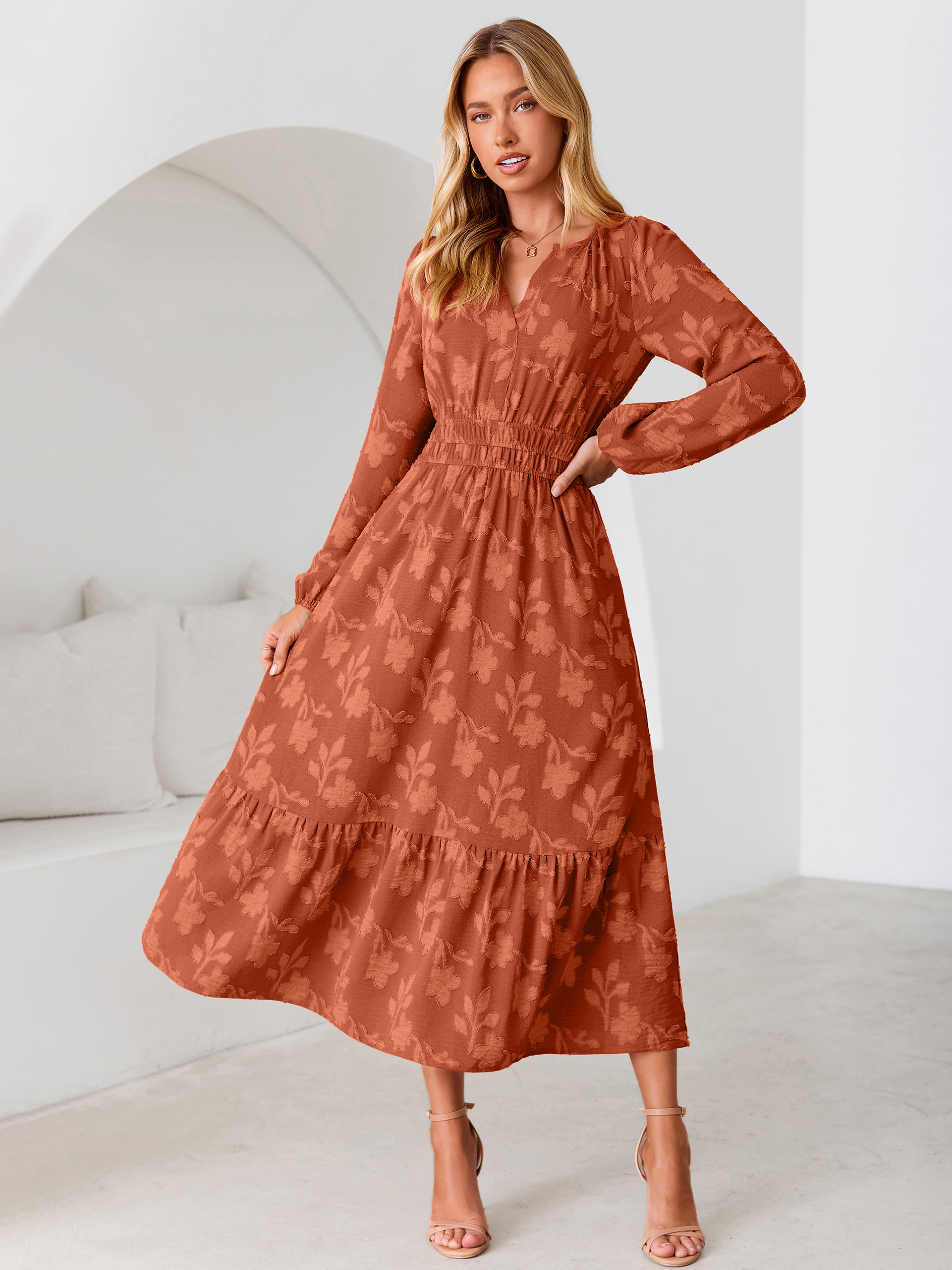 Floral Burnout V Neck Long Sleeve Maxi Dress
