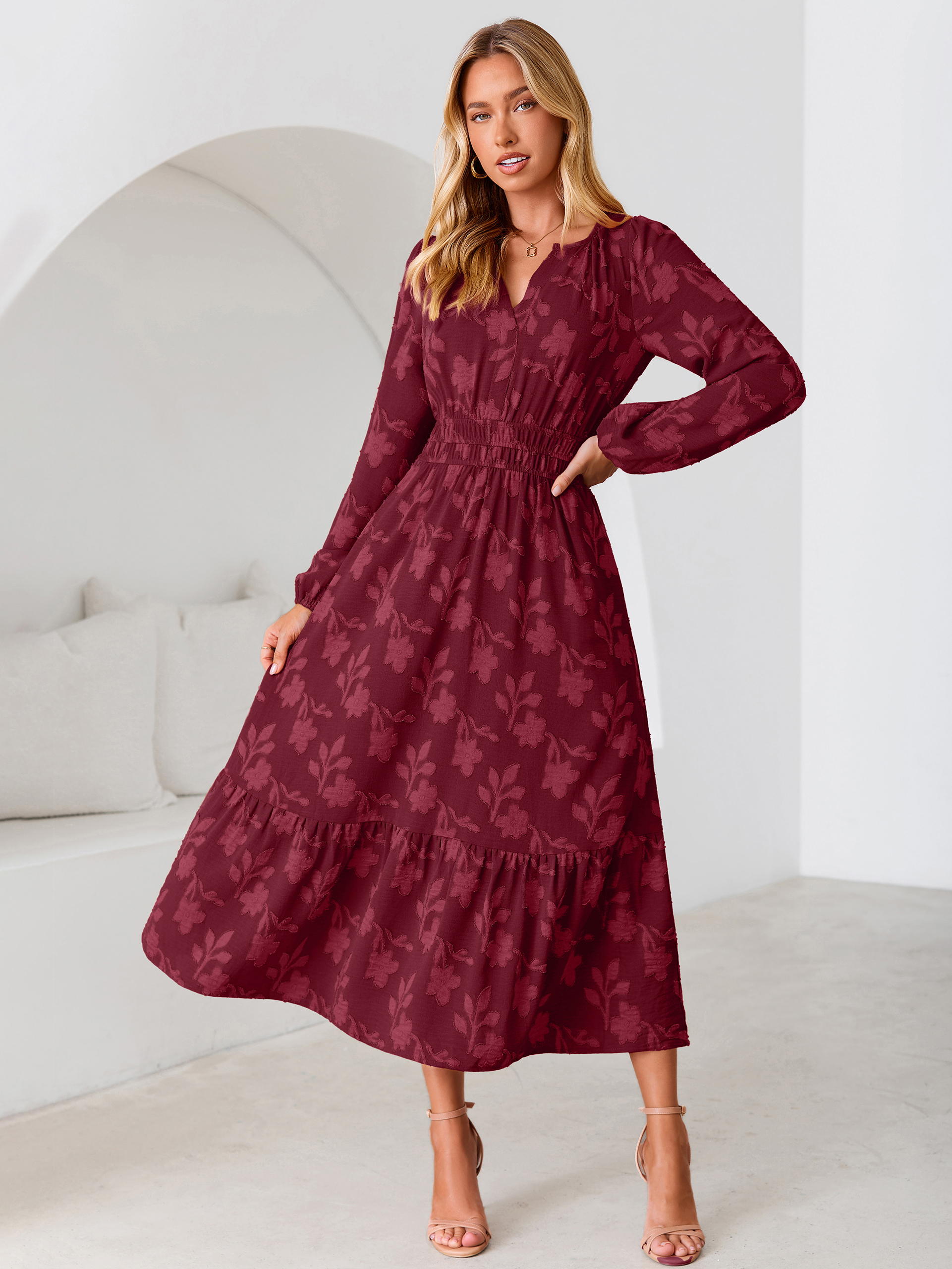 Floral Burnout V Neck Long Sleeve Maxi Dress