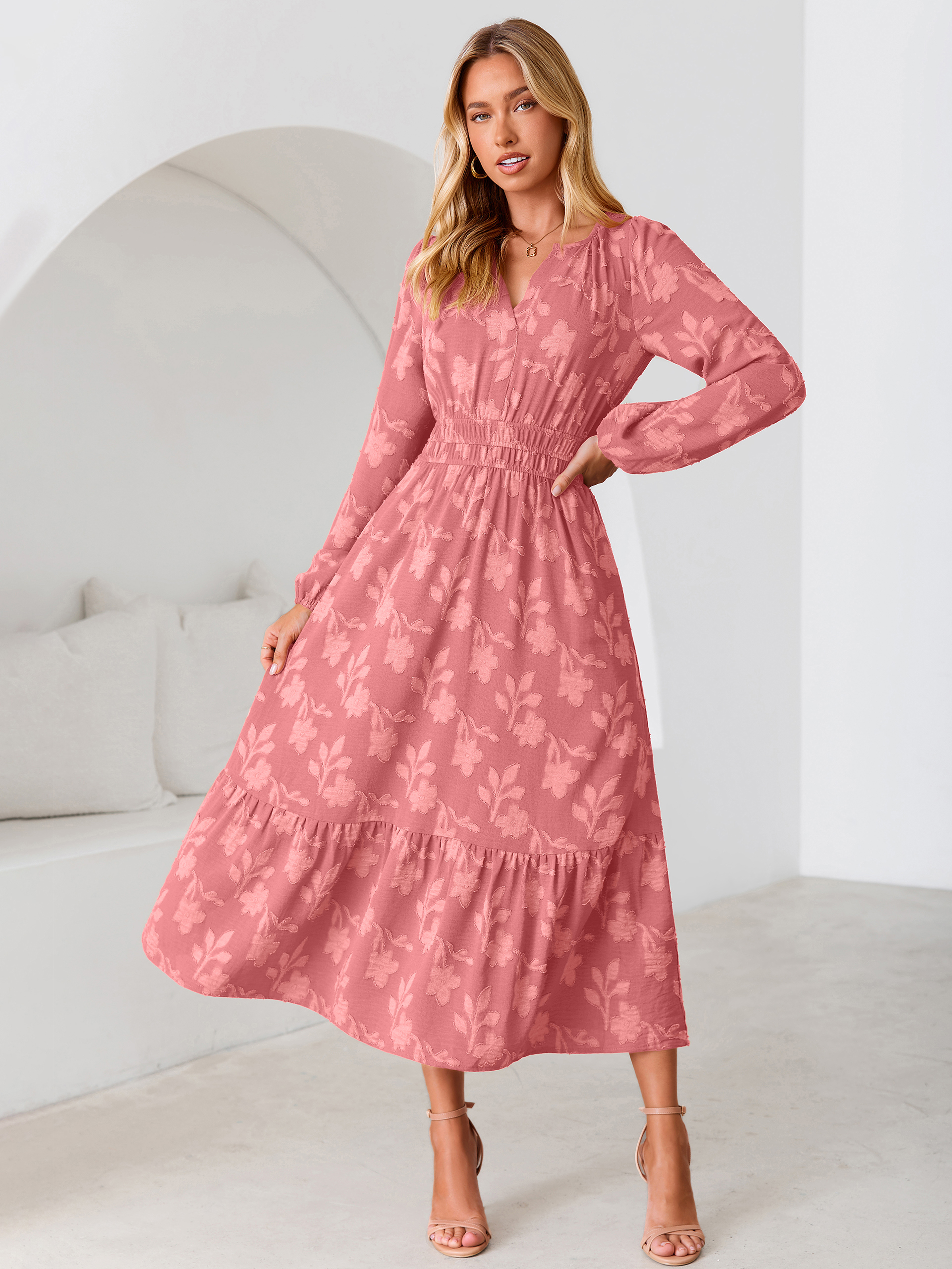 Floral Burnout V Neck Long Sleeve Maxi Dress