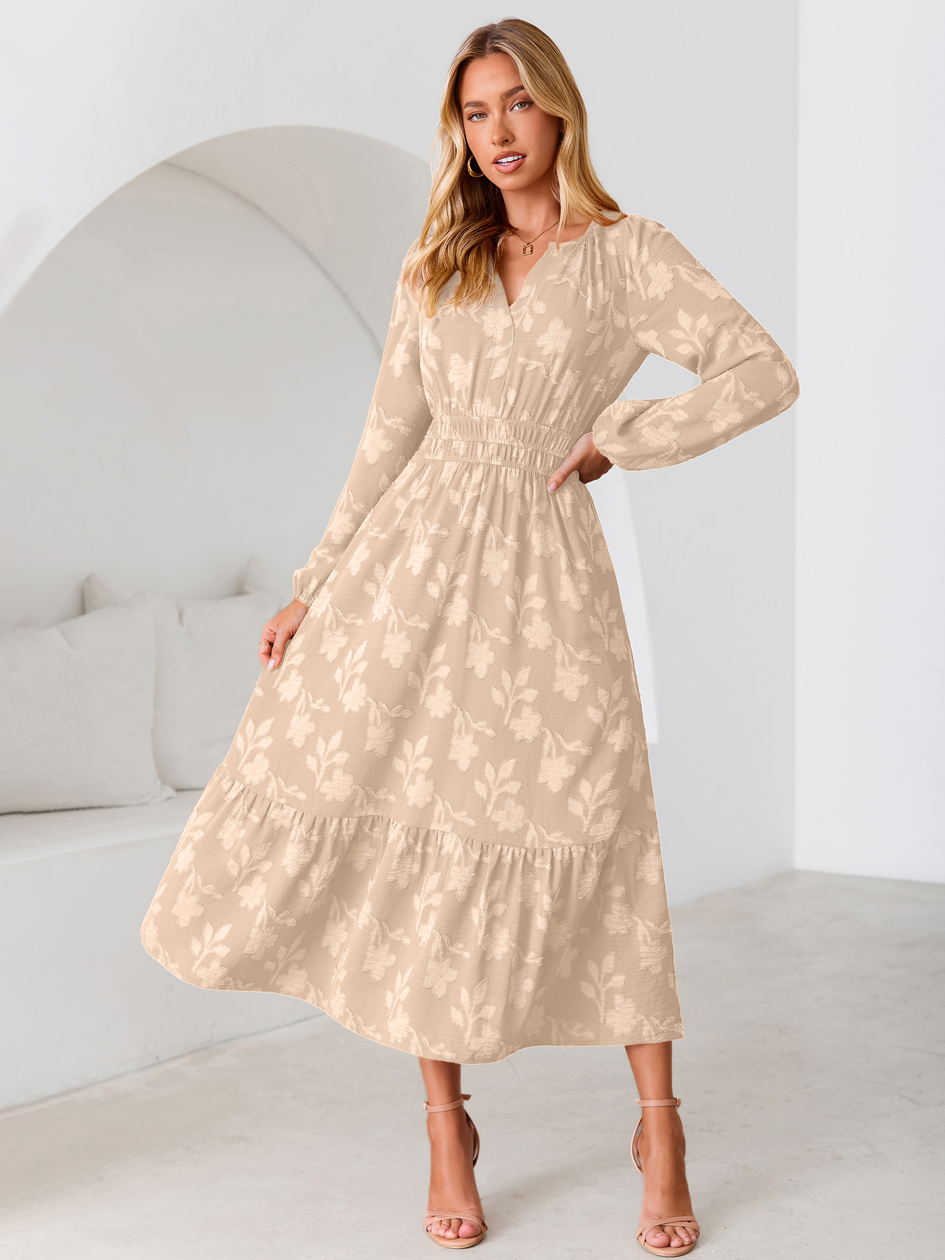 Floral Burnout V Neck Long Sleeve Maxi Dress