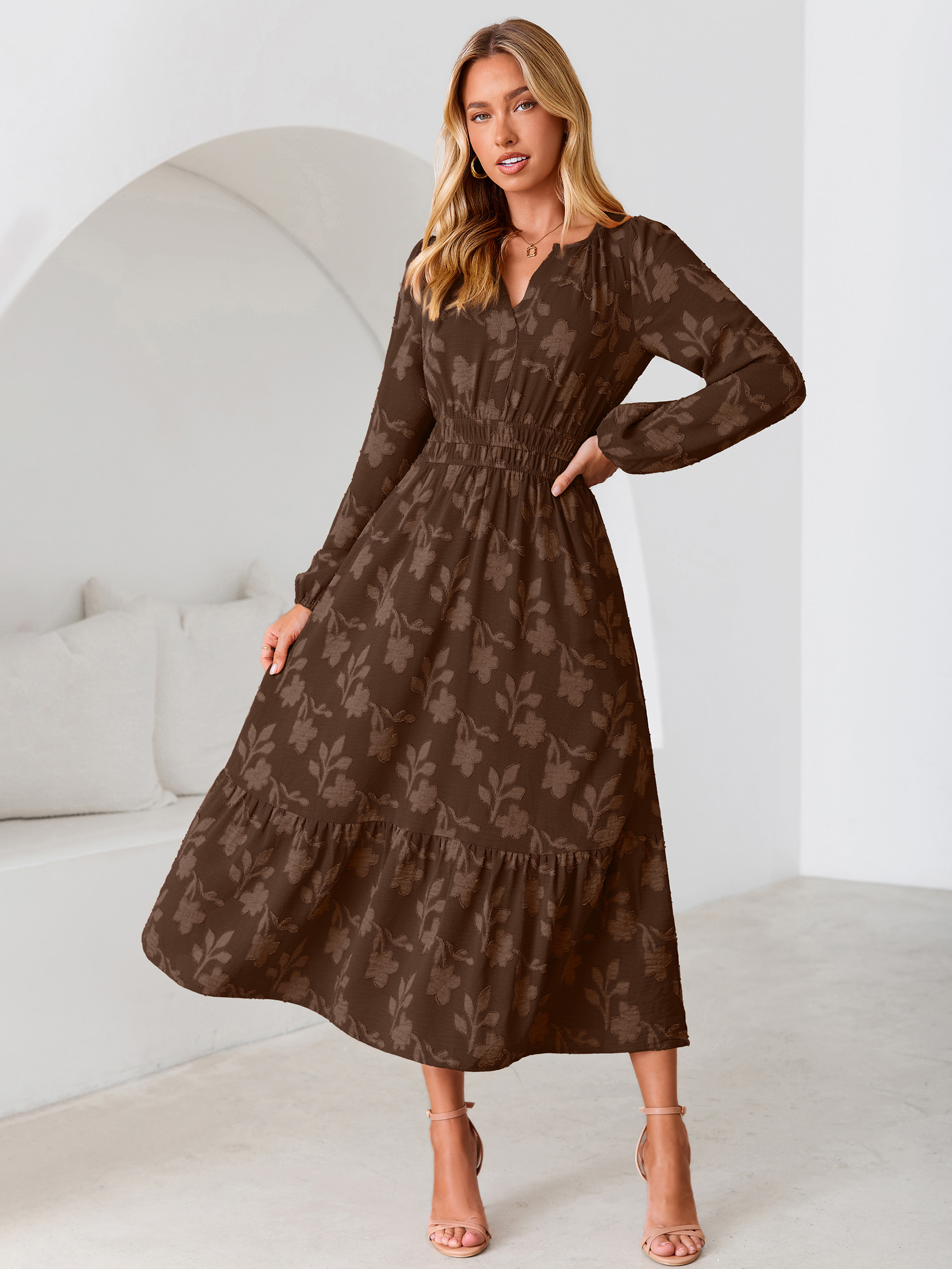 Floral Burnout V Neck Long Sleeve Maxi Dress