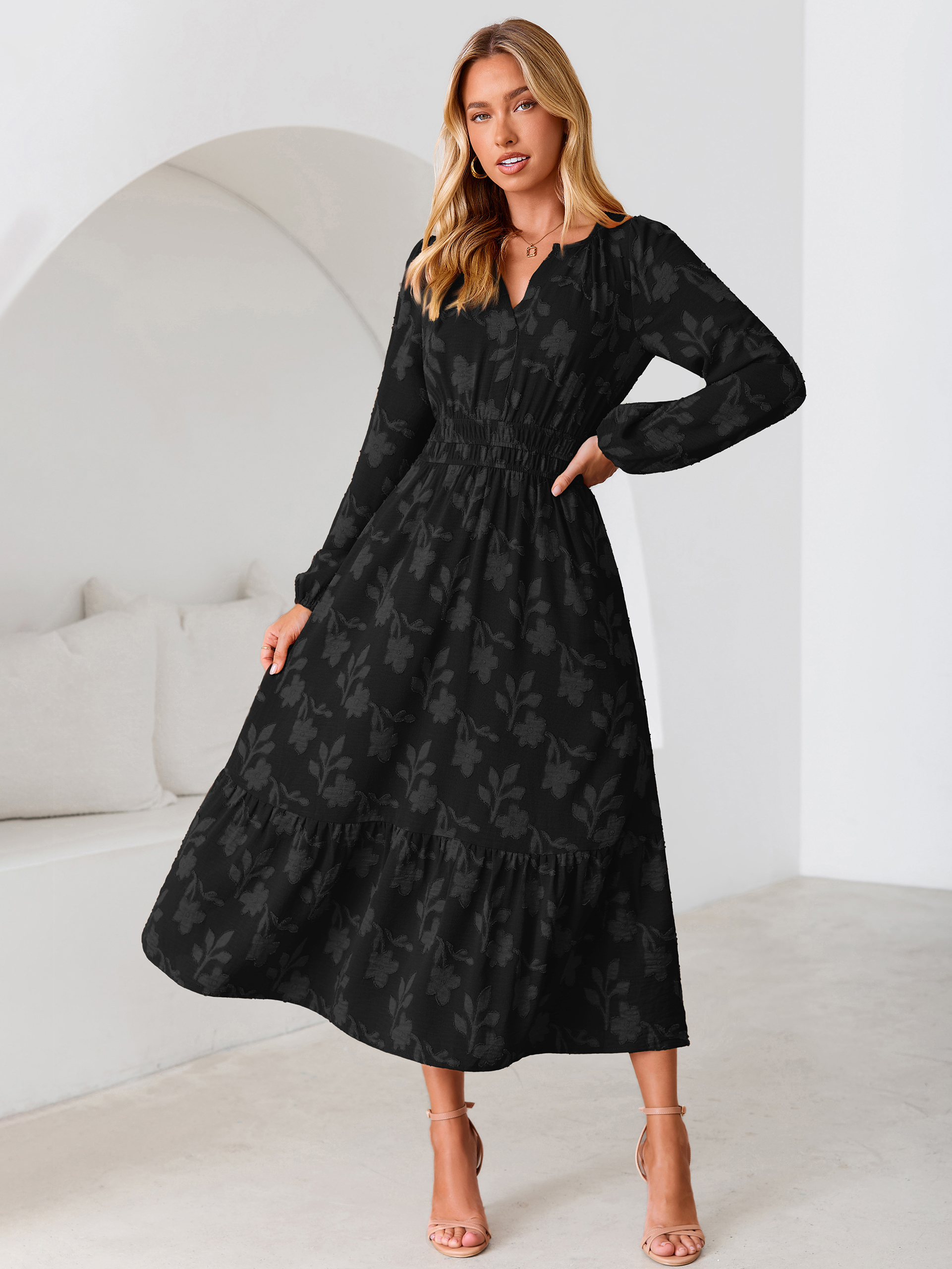 Floral Burnout V Neck Long Sleeve Maxi Dress