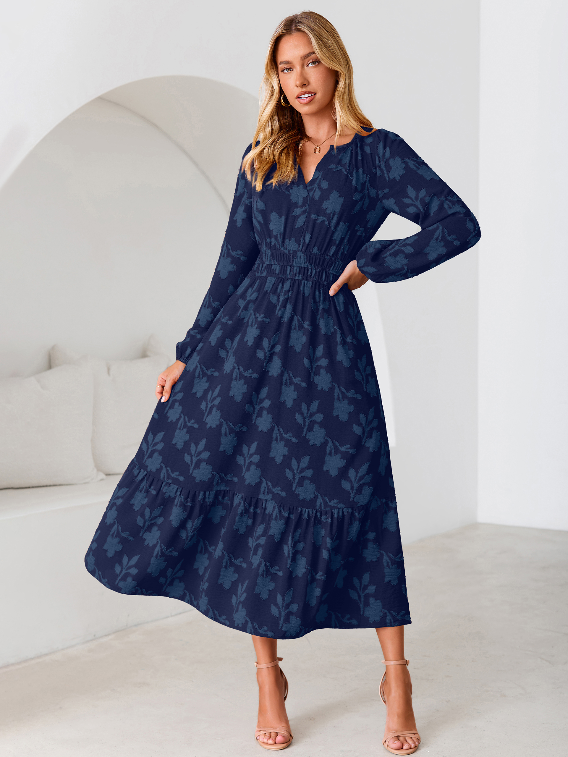 Floral Burnout V Neck Long Sleeve Maxi Dress