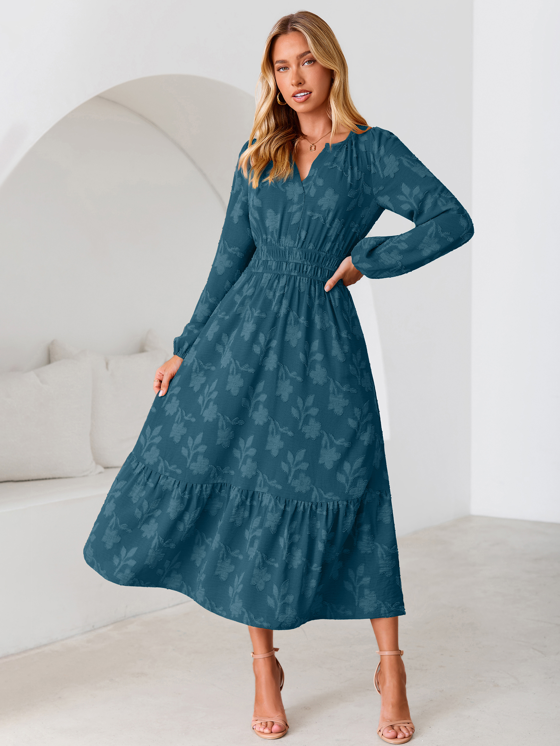 Floral Burnout V Neck Long Sleeve Maxi Dress