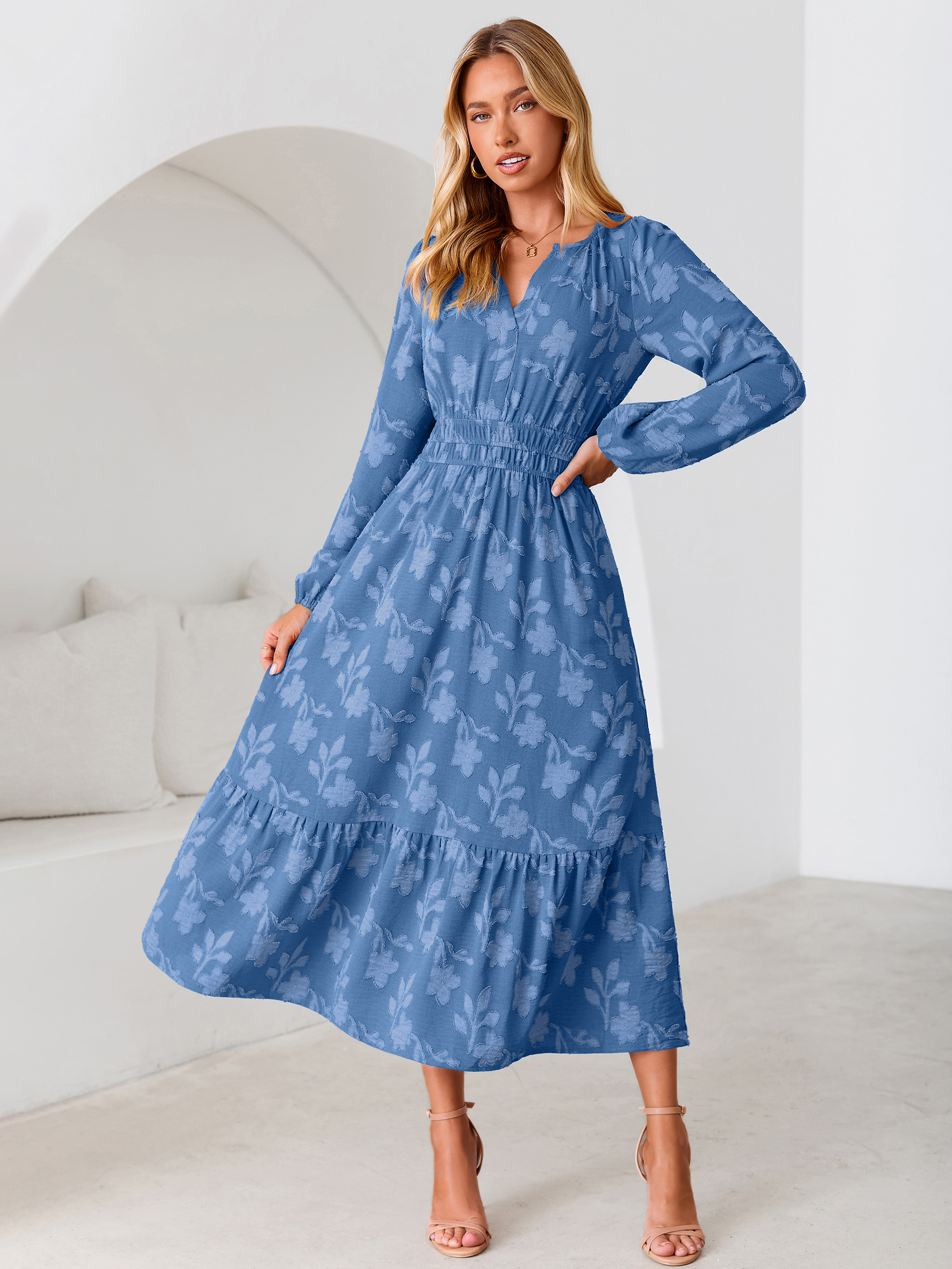 Floral Burnout V Neck Long Sleeve Maxi Dress